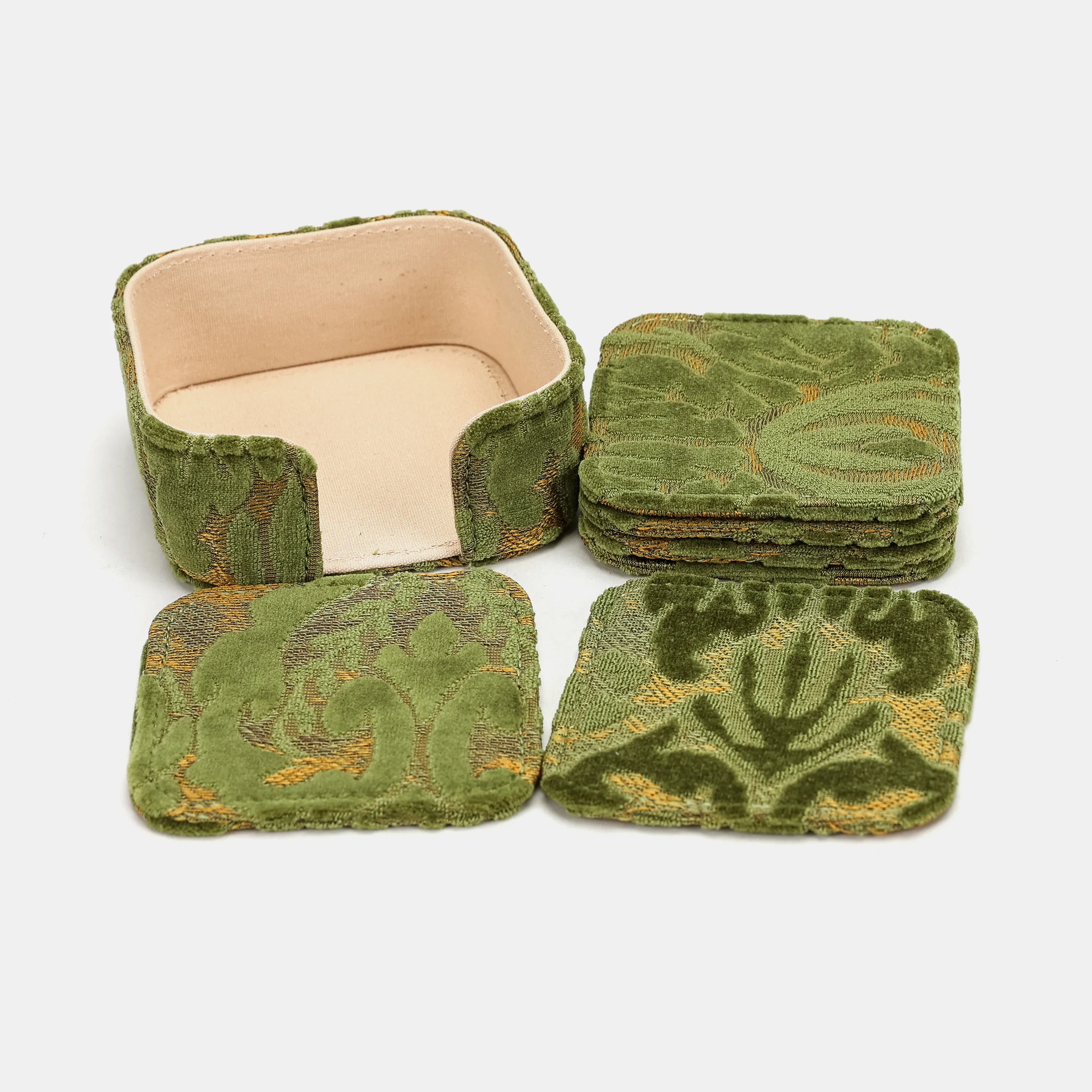 Burnout Velvet Fern Green Square Coaster Set with Holder