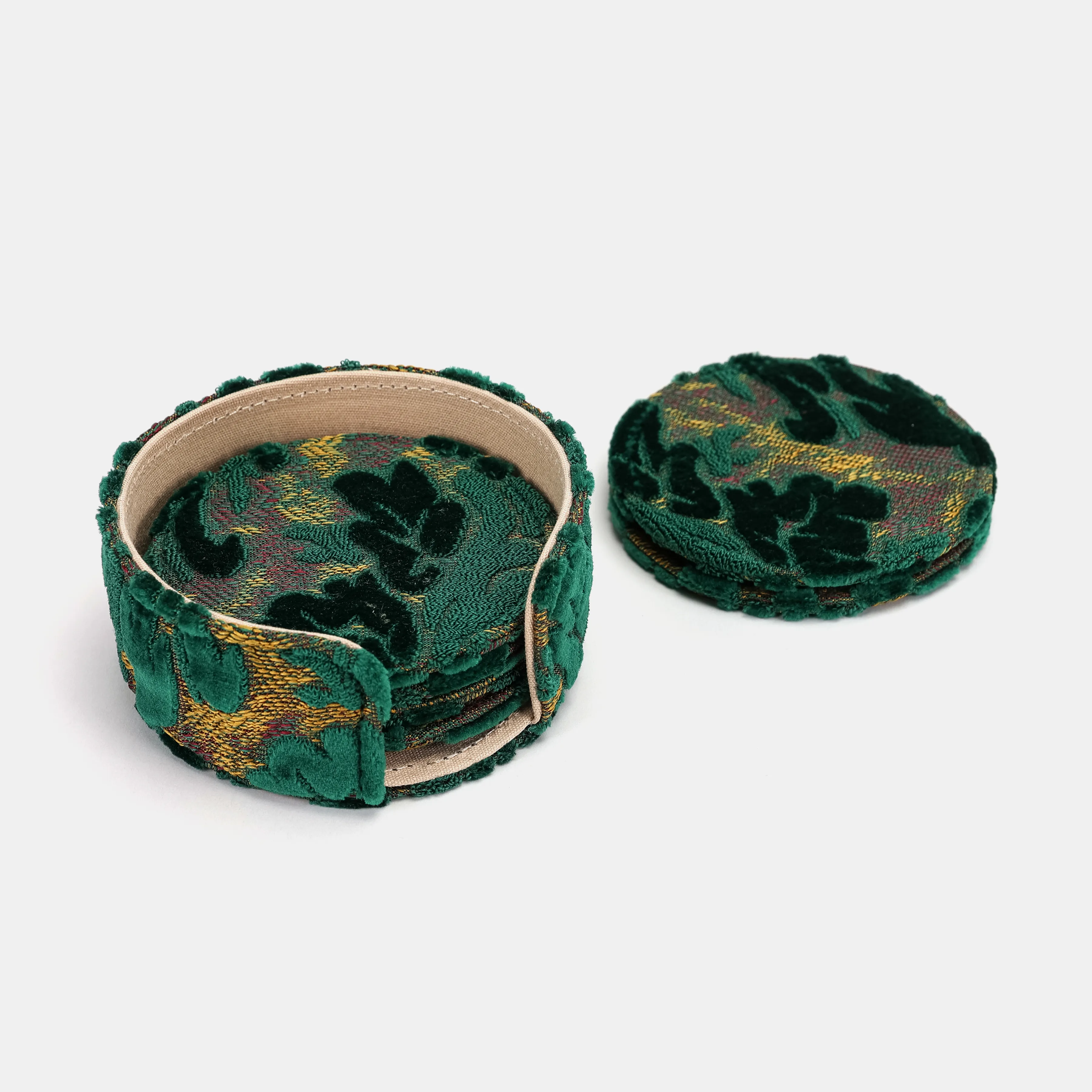 Burnout Velvet Jade Green Round Coaster Set with Holder - Image 6