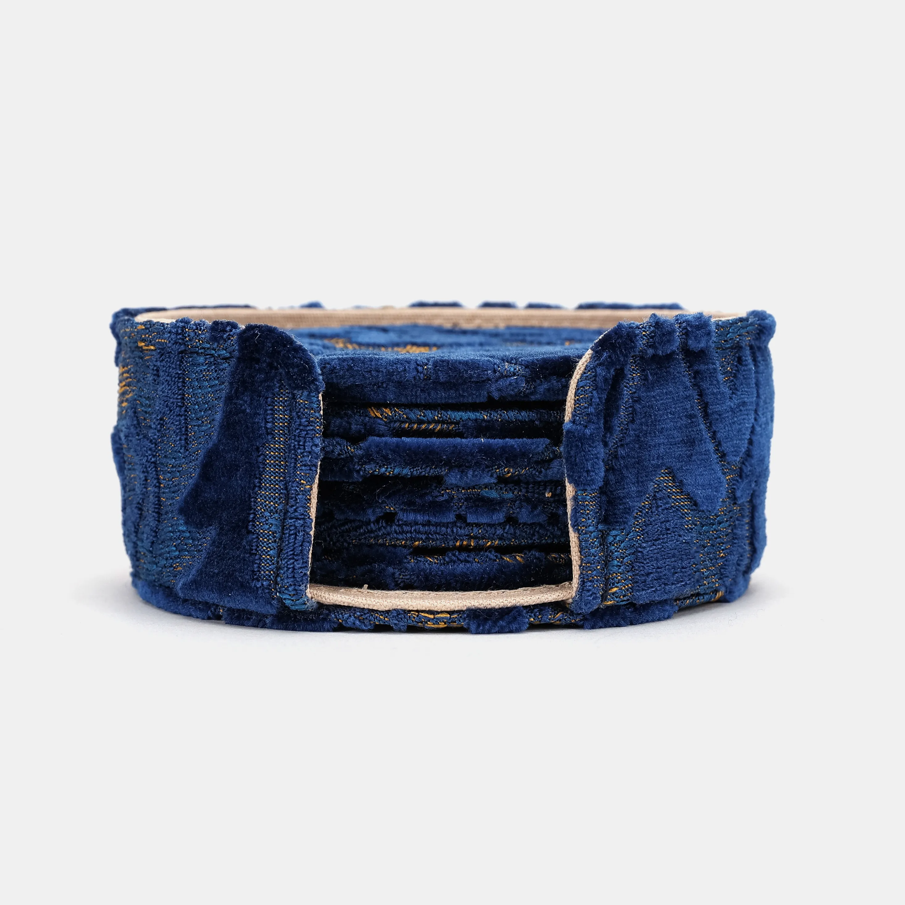 Burnout Velvet Navy Round Coaster Set with Holder - Image 2