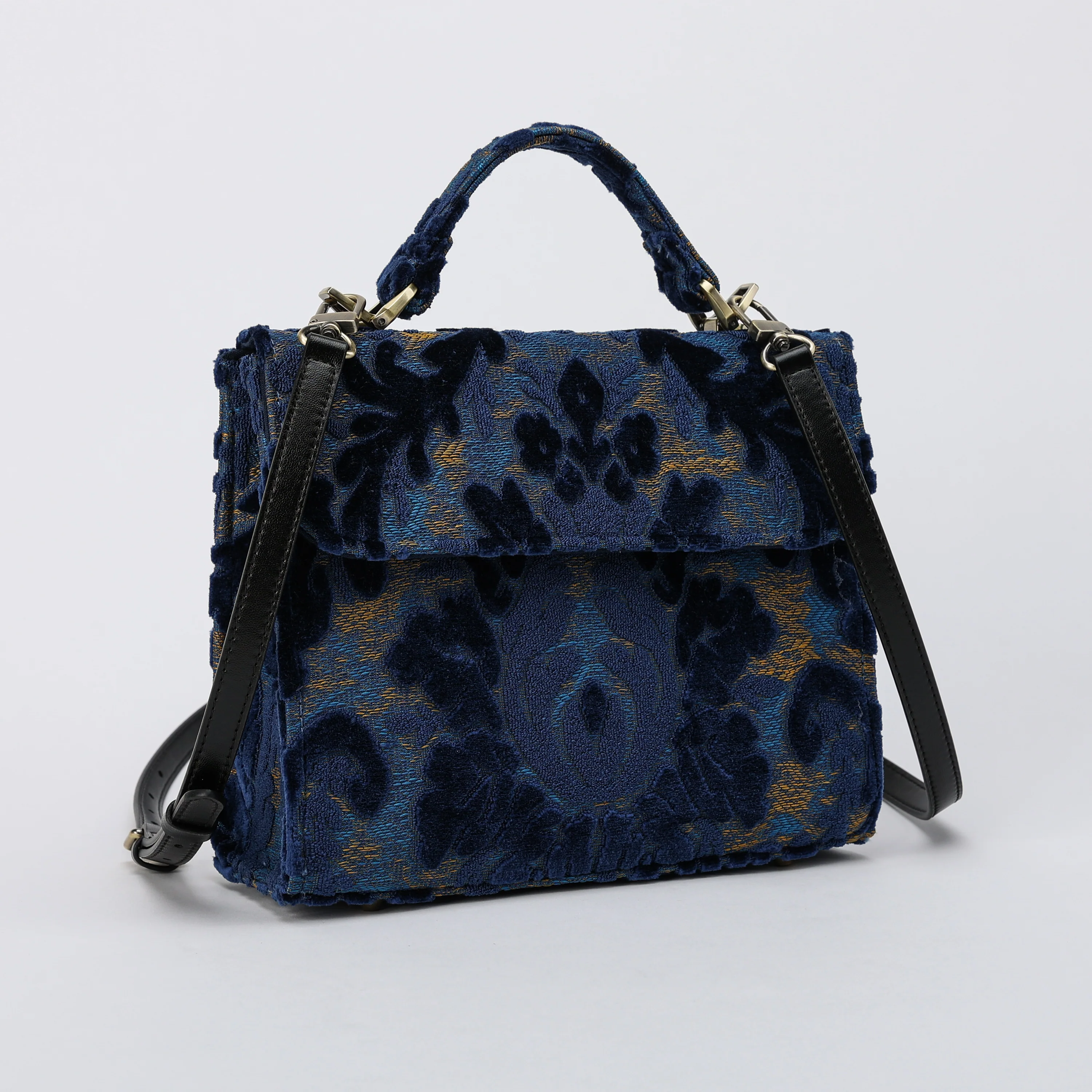 Burnout Velvet Navy Flap Satchel - Image 3