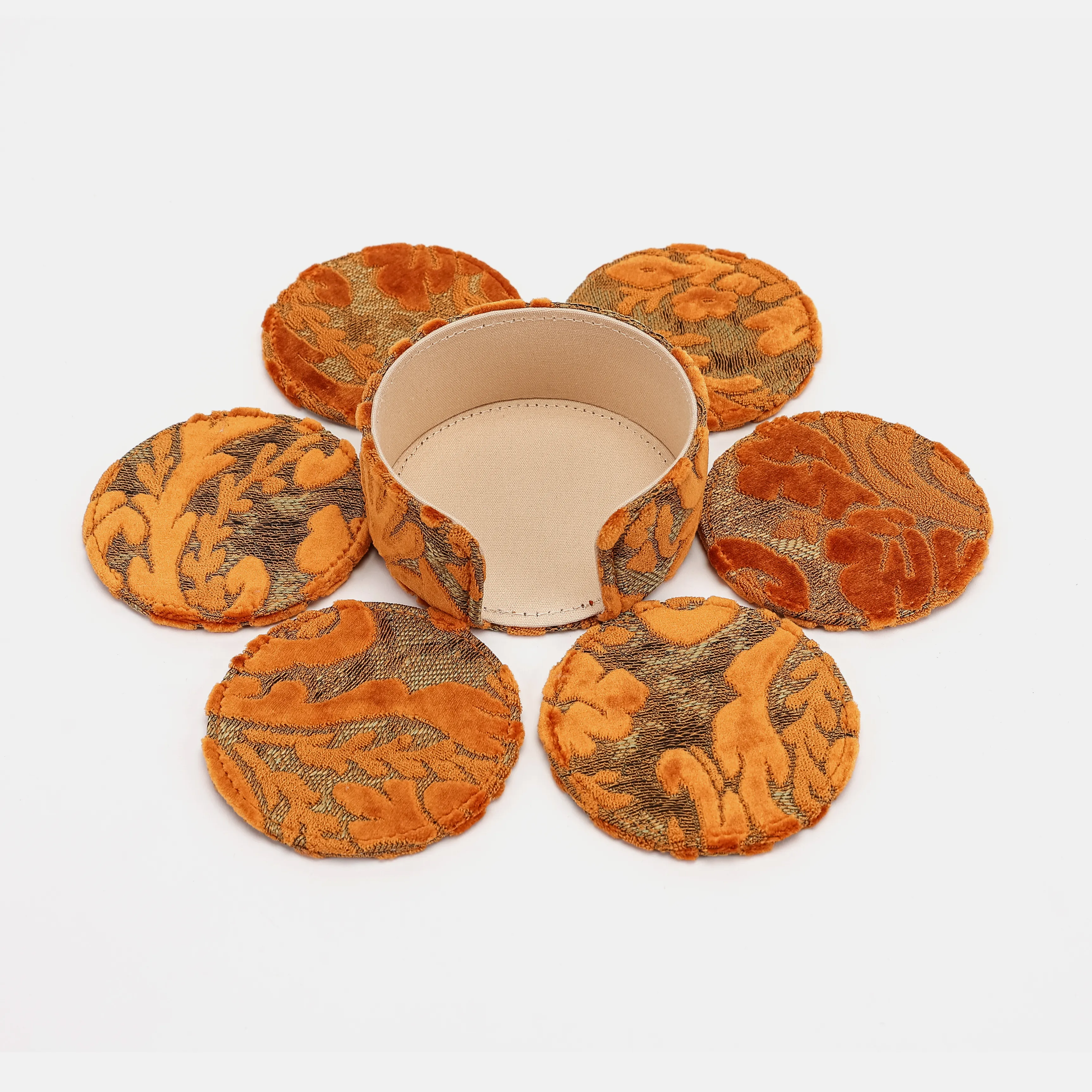 Burnout Velvet Orange Round Coaster Set with Holder - Image 7