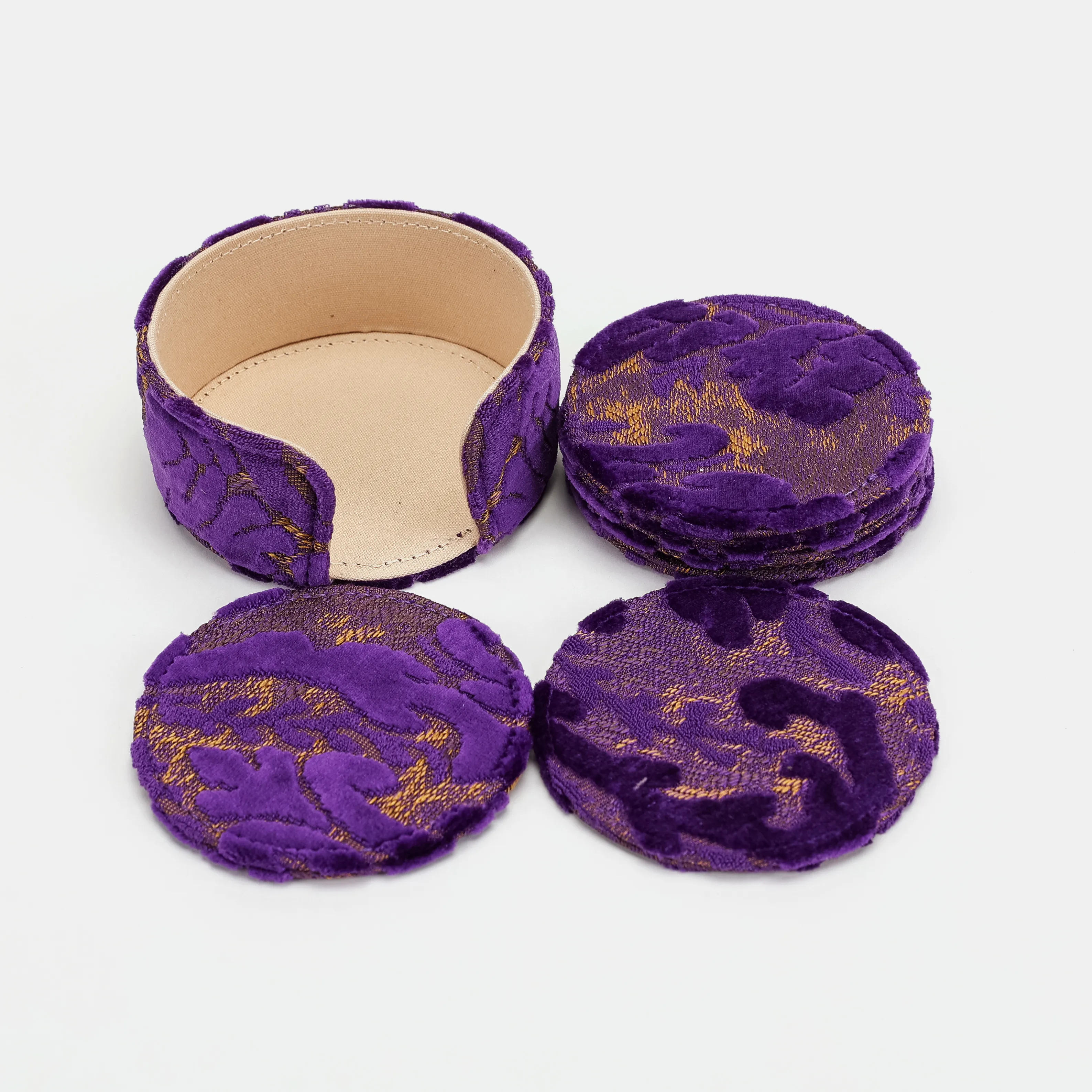 Burnout Velvet Purple Round Coaster Set with Holder
