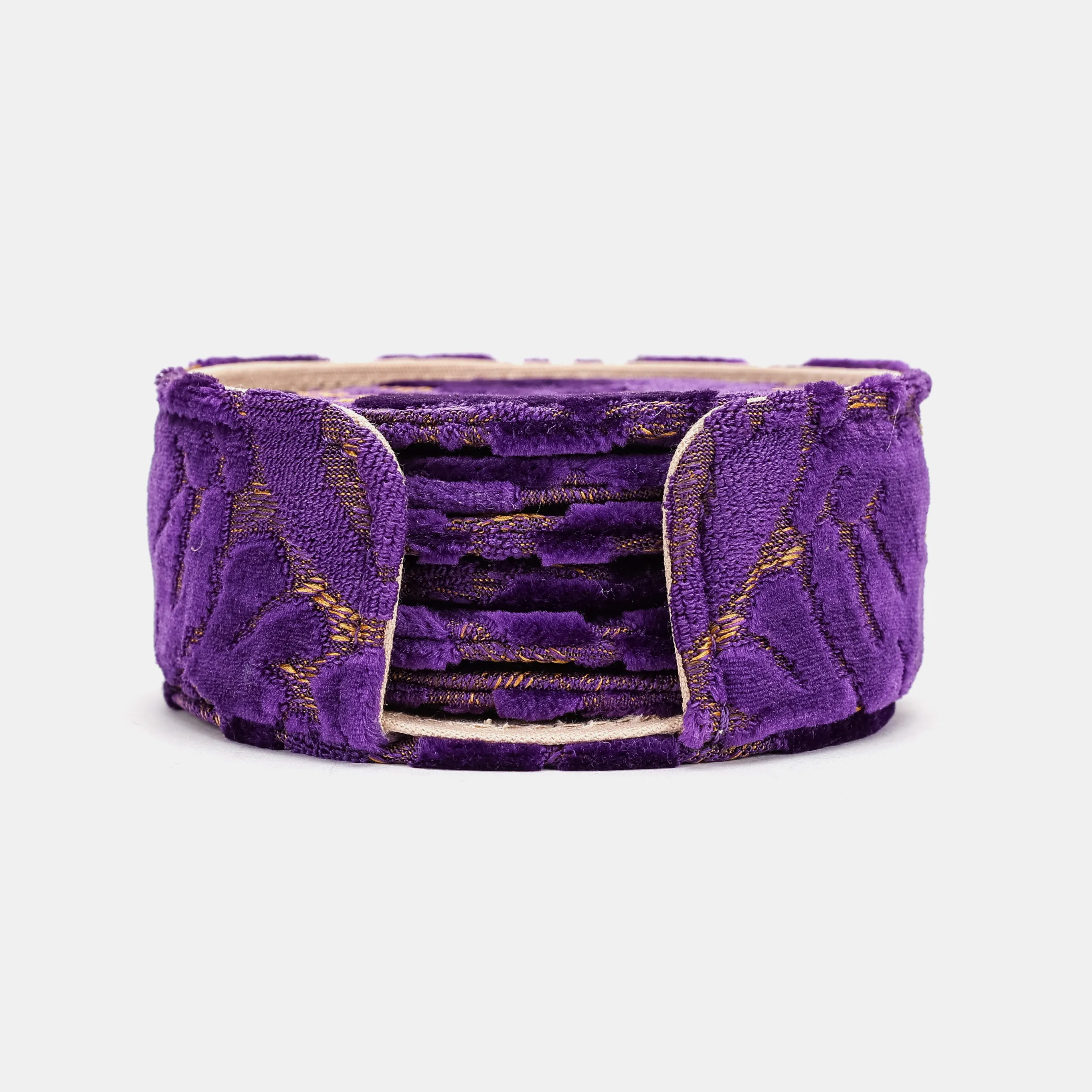 Burnout Velvet Purple Round Coaster Set with Holder - Image 2