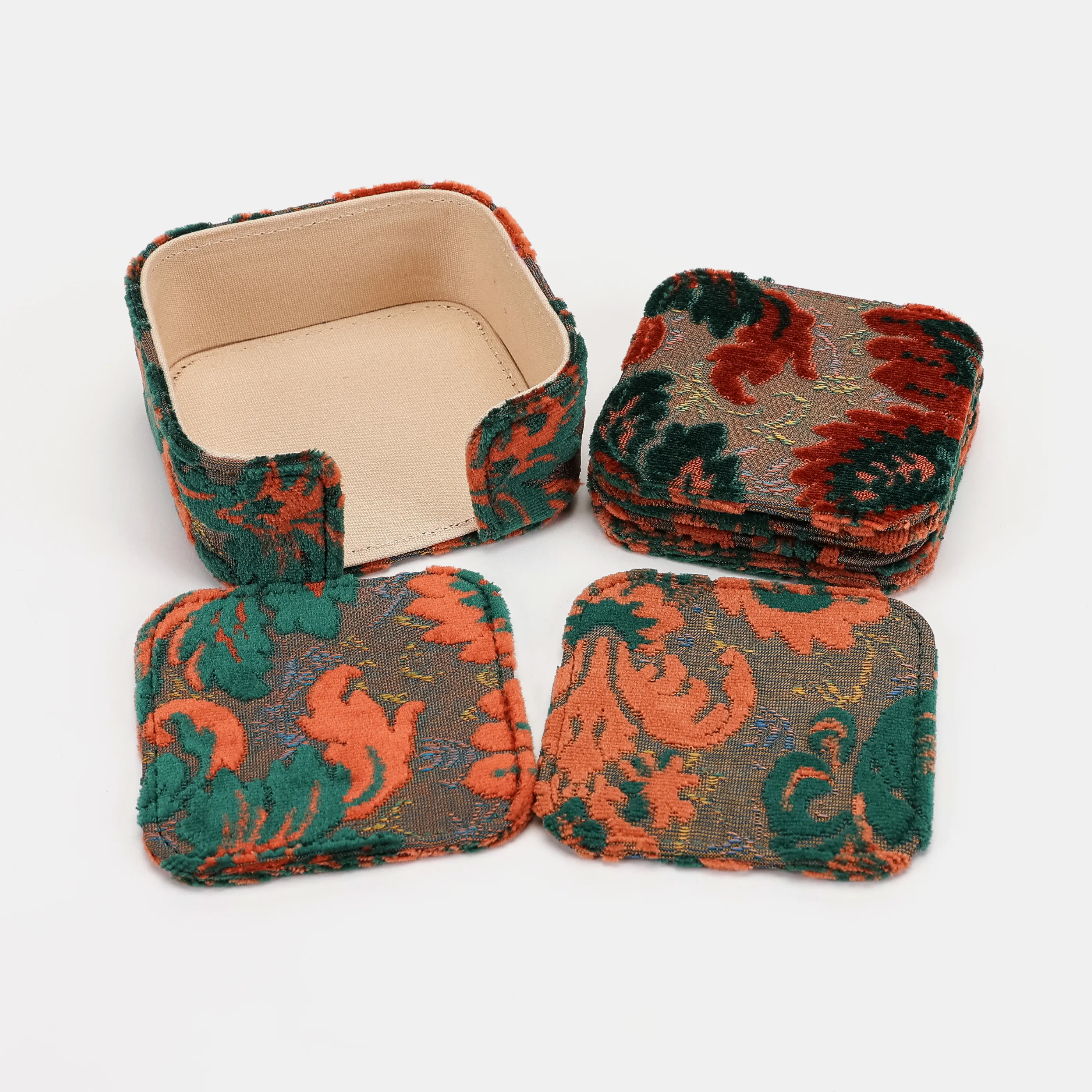 Burnout Velvet Revival Jade Square Coaster Set with Holder