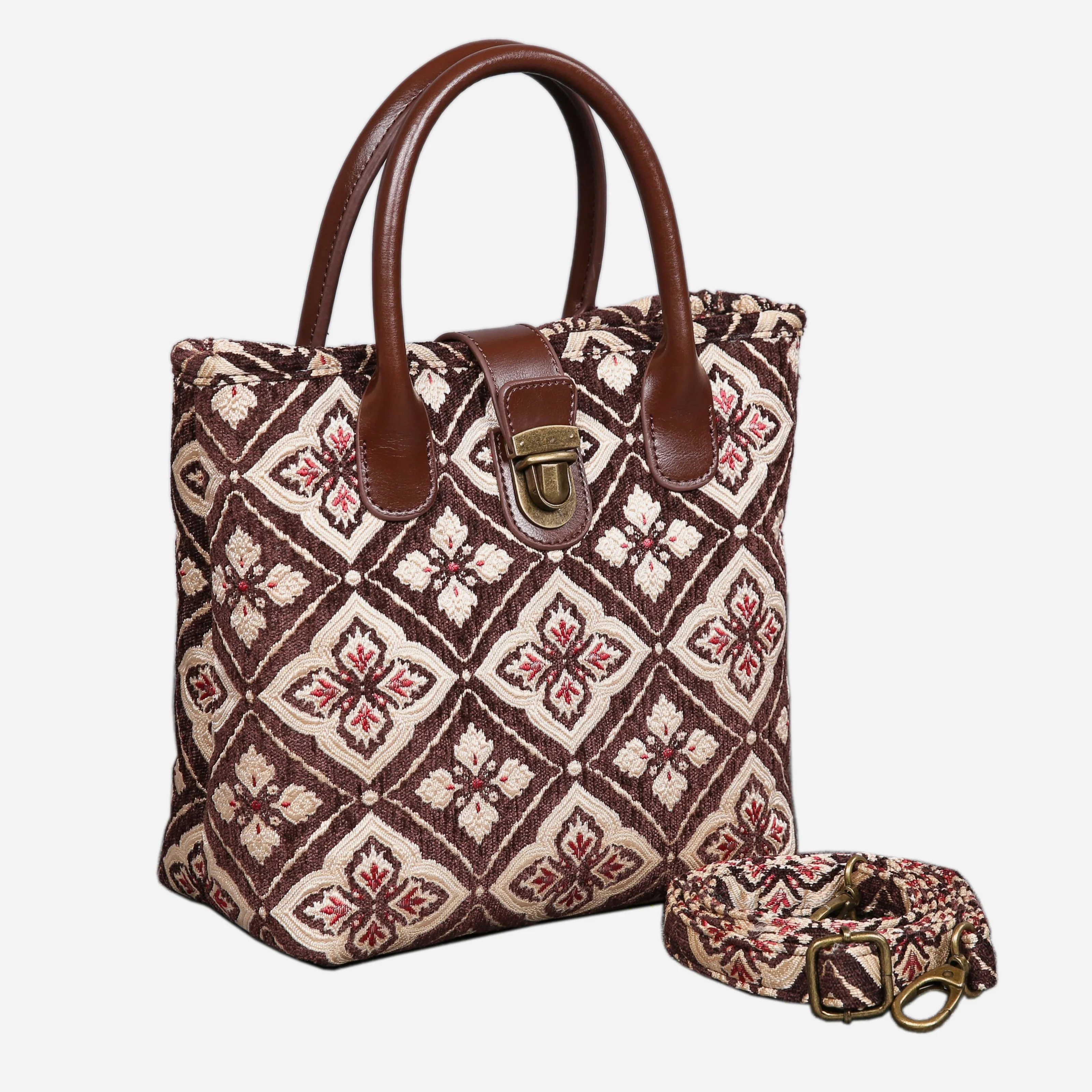 Ethnic Brown Tuck Lock Carpet Satchel - Image 2