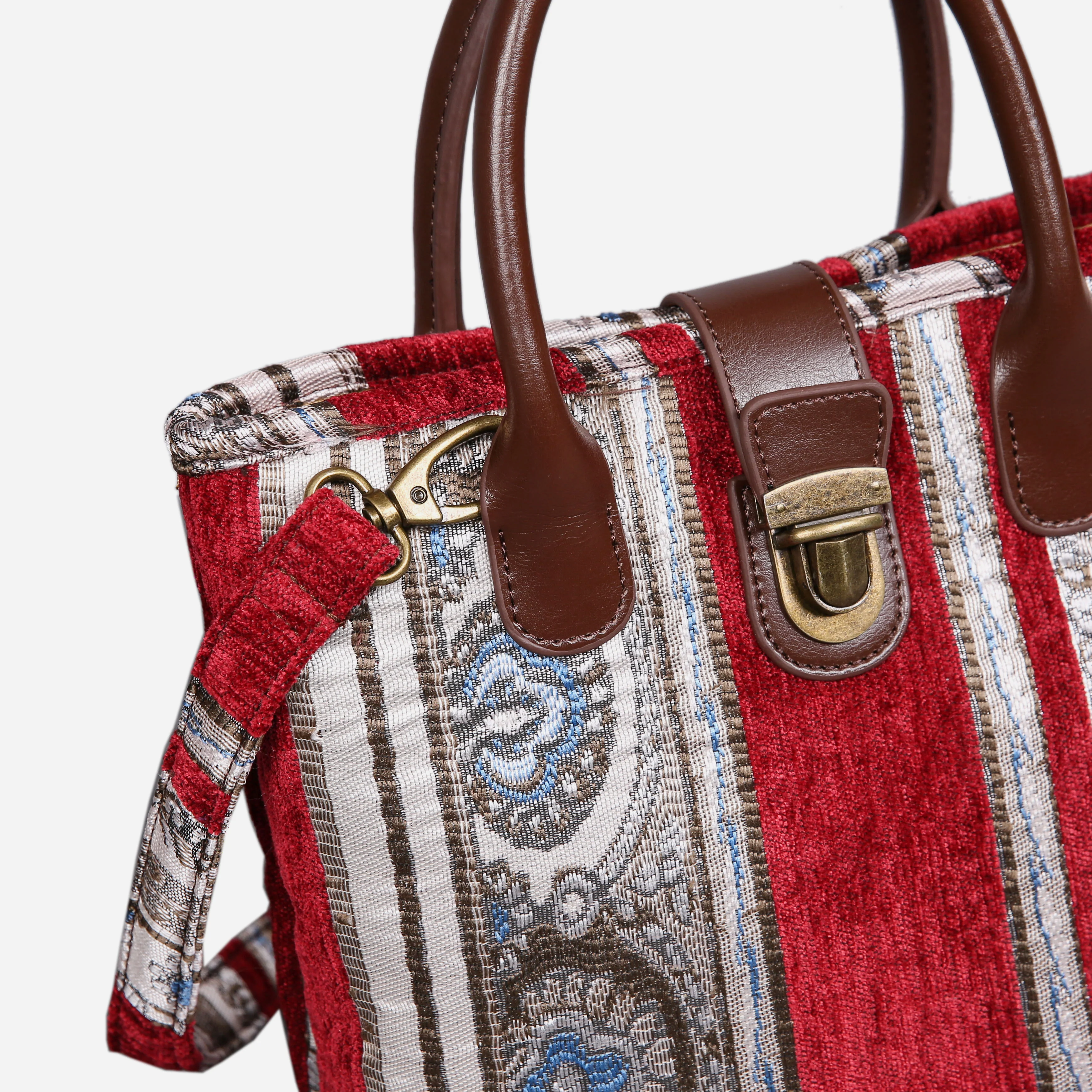 Ethnic Stripes Red Tuck Lock Carpet Satchel - Image 4