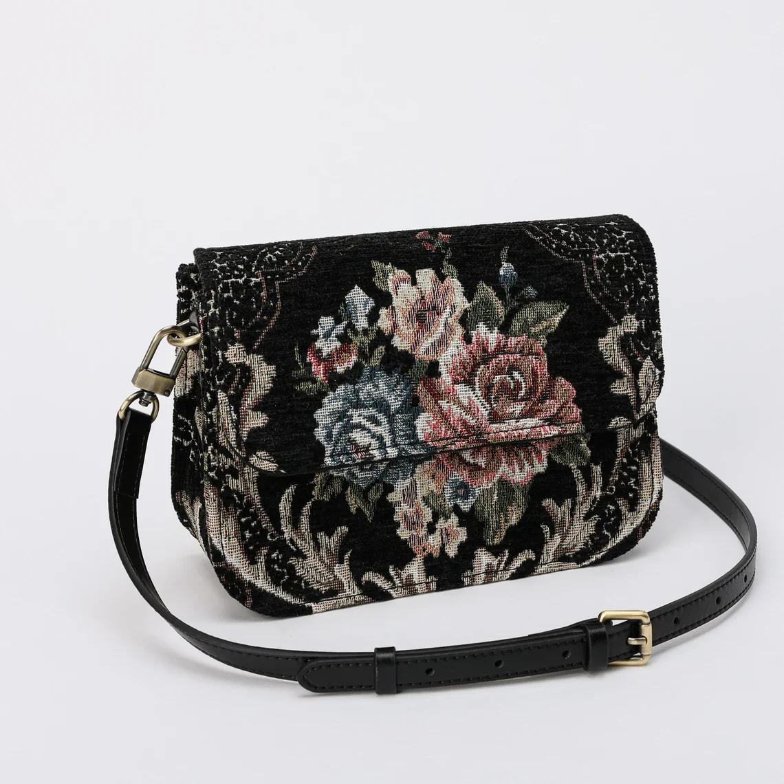 Floral Black Flap Crossbody Bag - Image 4