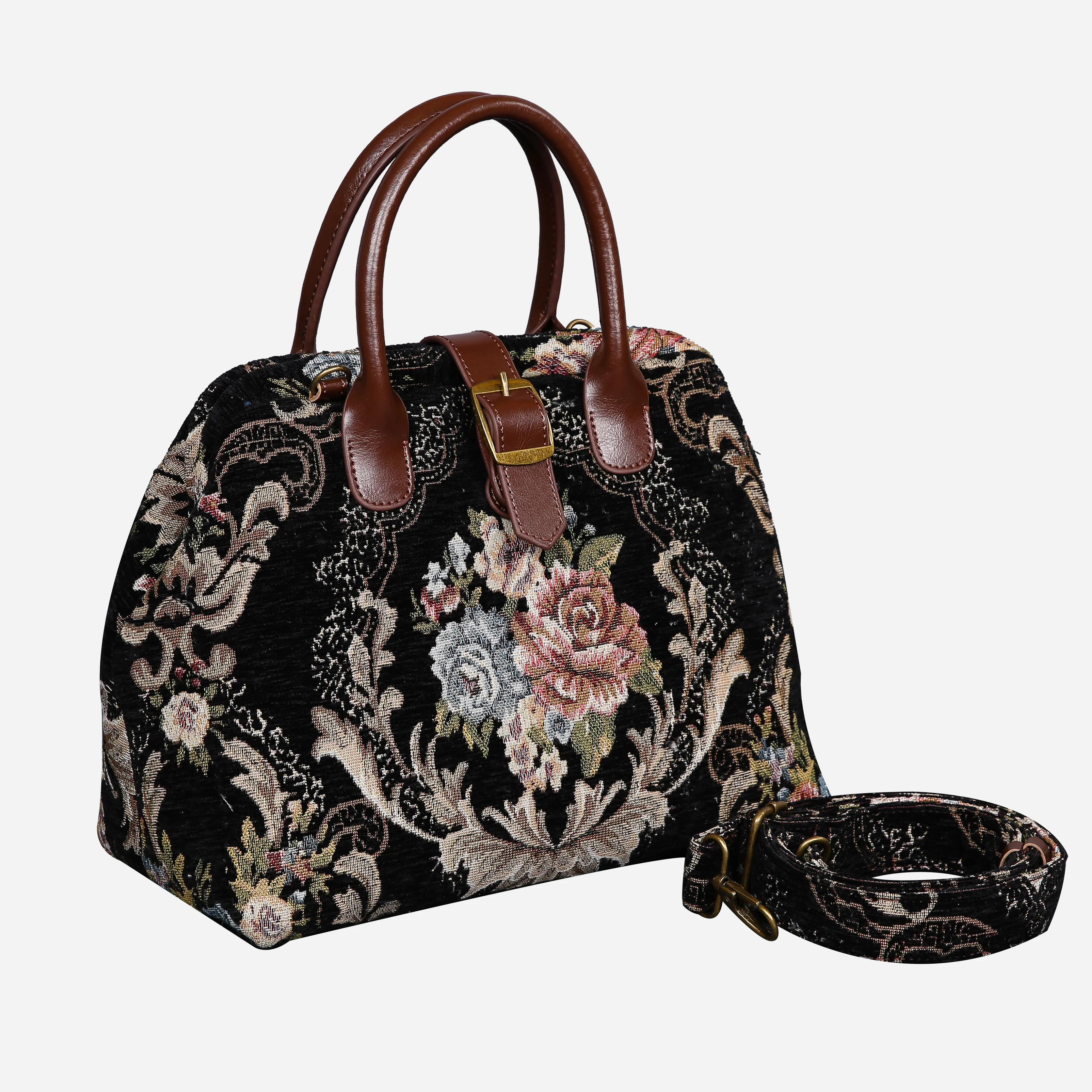Floral Black Leather Brown Carpet Handbag Purse - Image 2