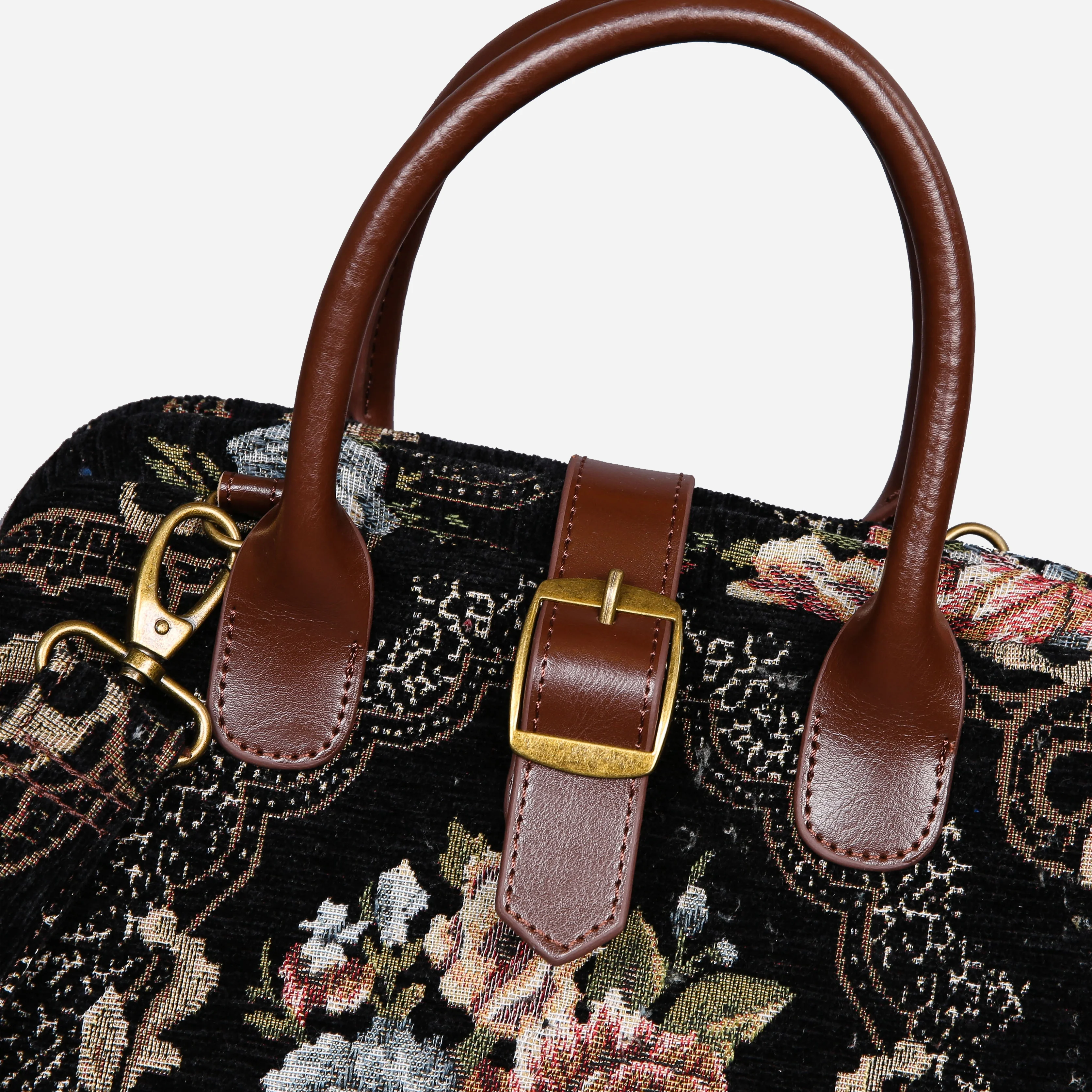 Floral Black Leather Brown Carpet Handbag Purse - Image 4