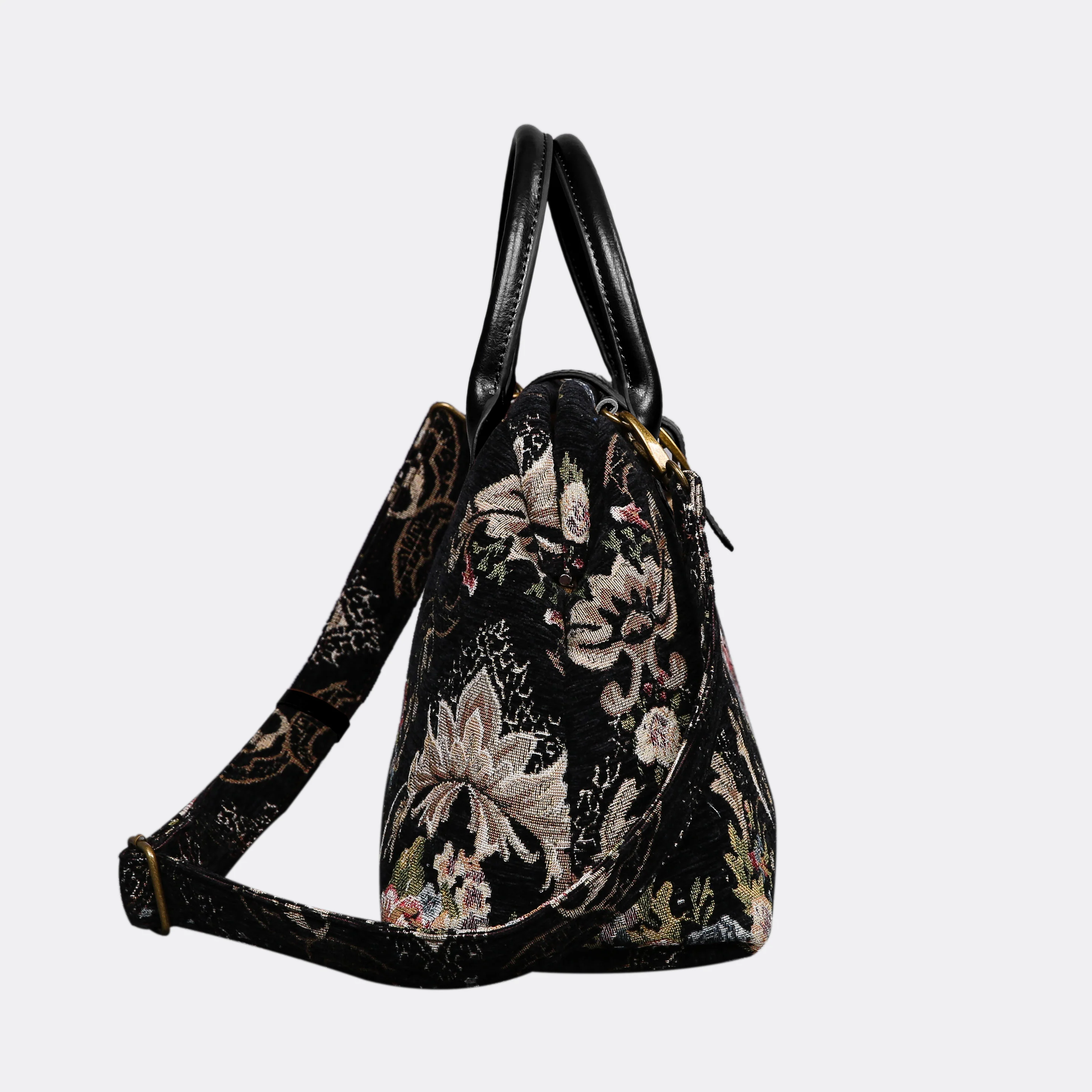 Floral Black Leather Black Carpet Handbag Purse - Image 3