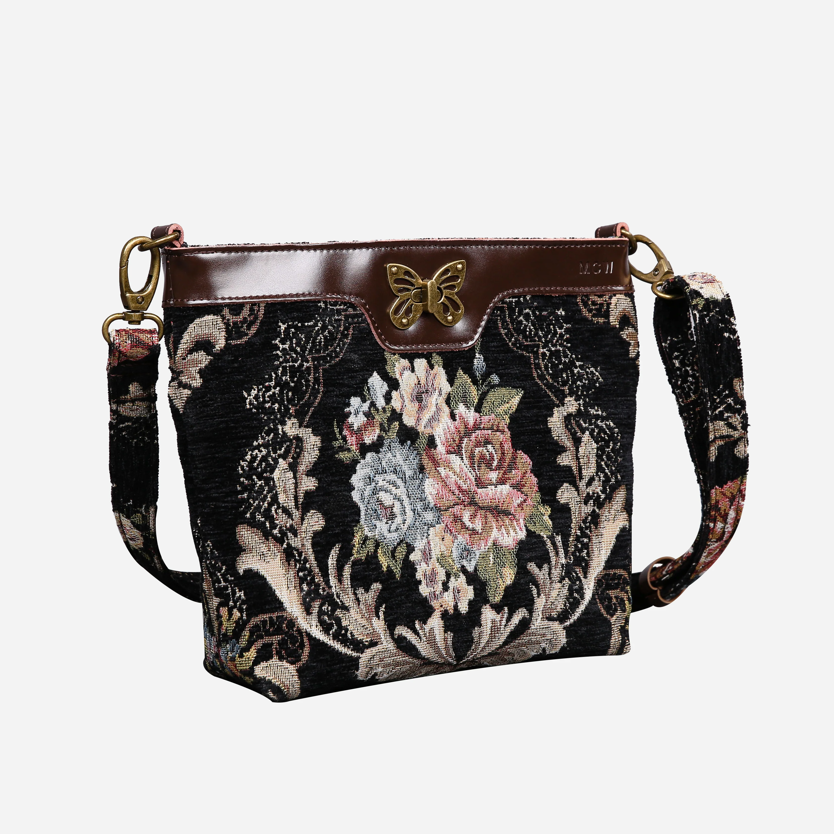 Floral Black Leather Brown Butterfly Crossbody Bag - Image 2