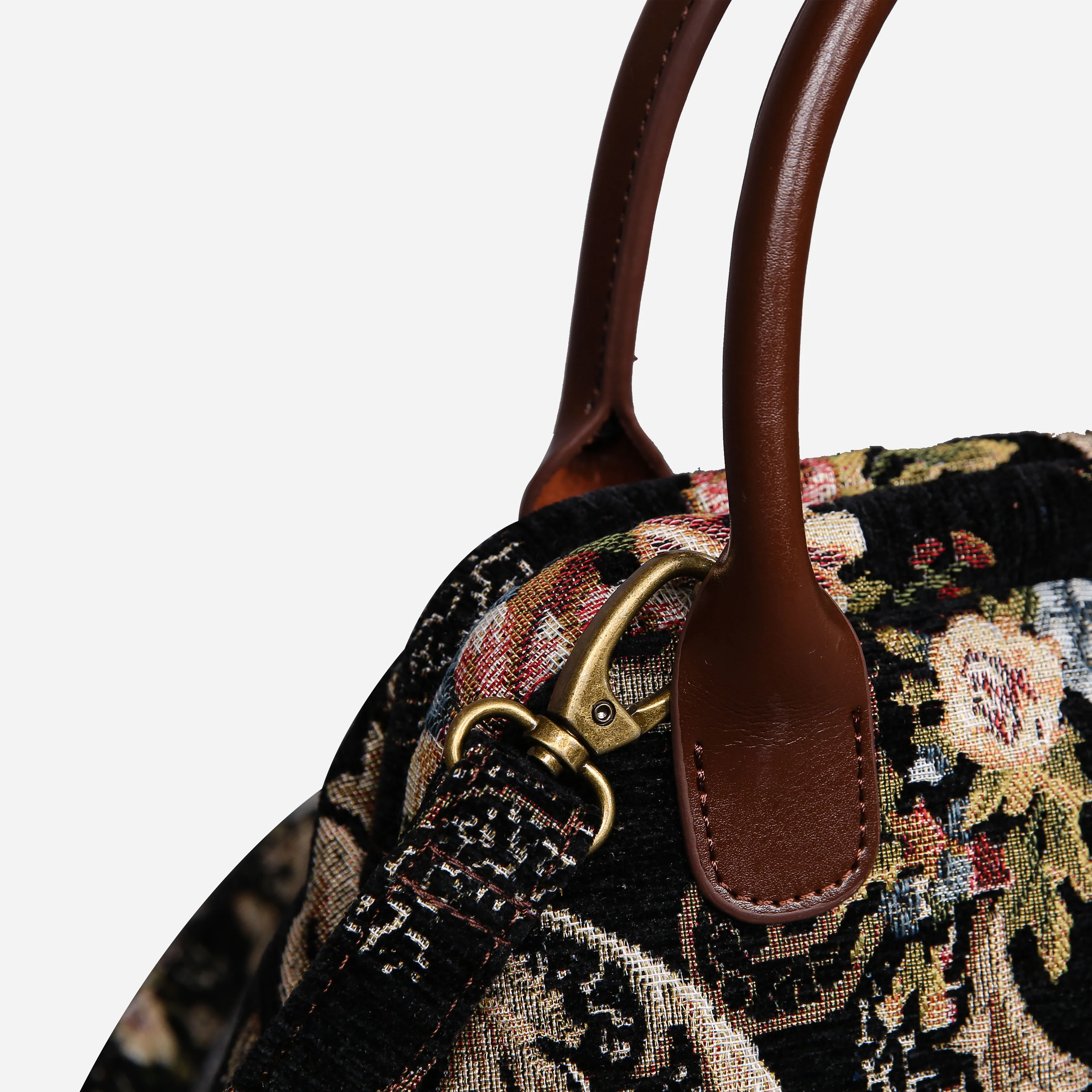 Floral Black Leather Brown Carpet Satchel - Image 4
