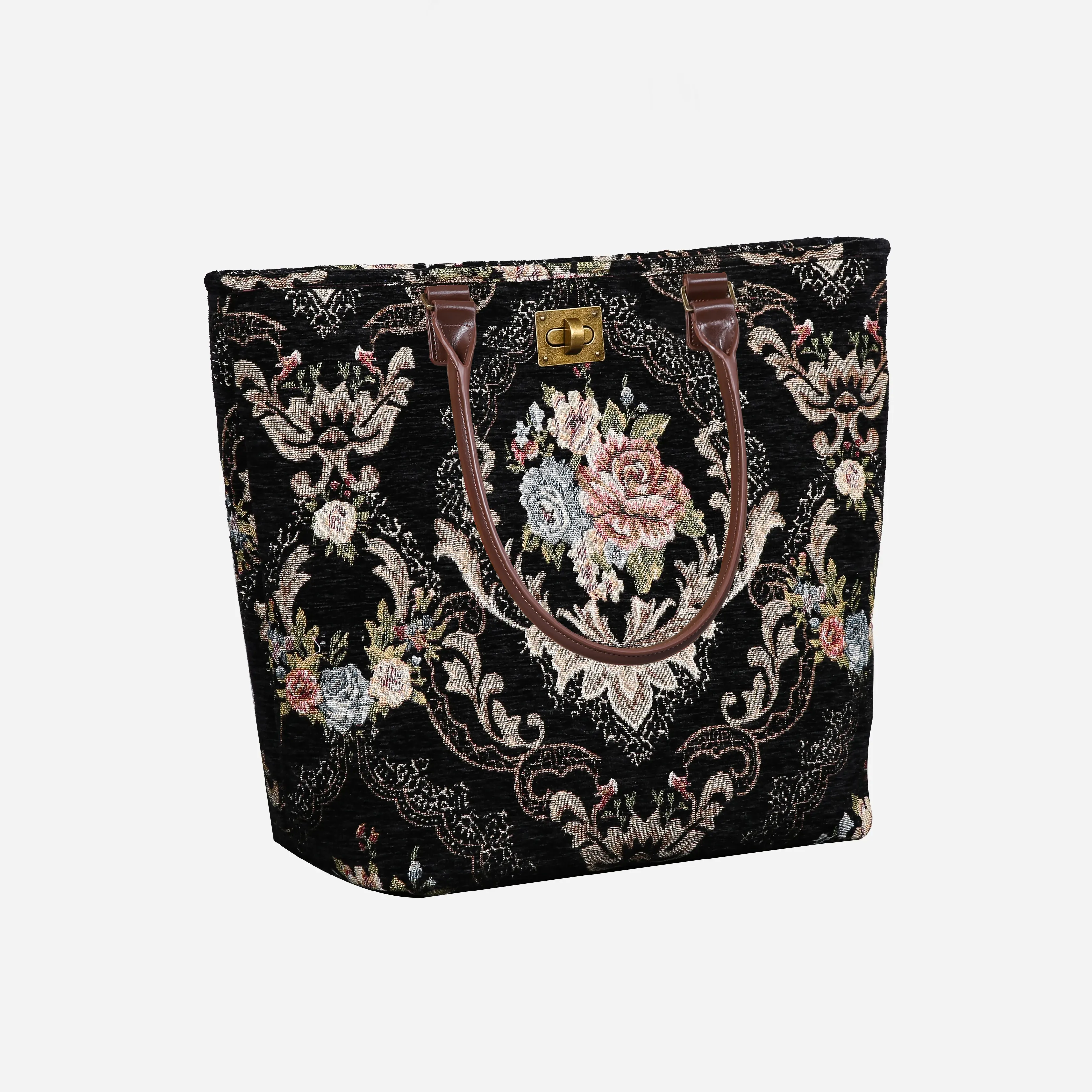 Floral Black Leather Brown Carpet Tote Shopper - Image 2