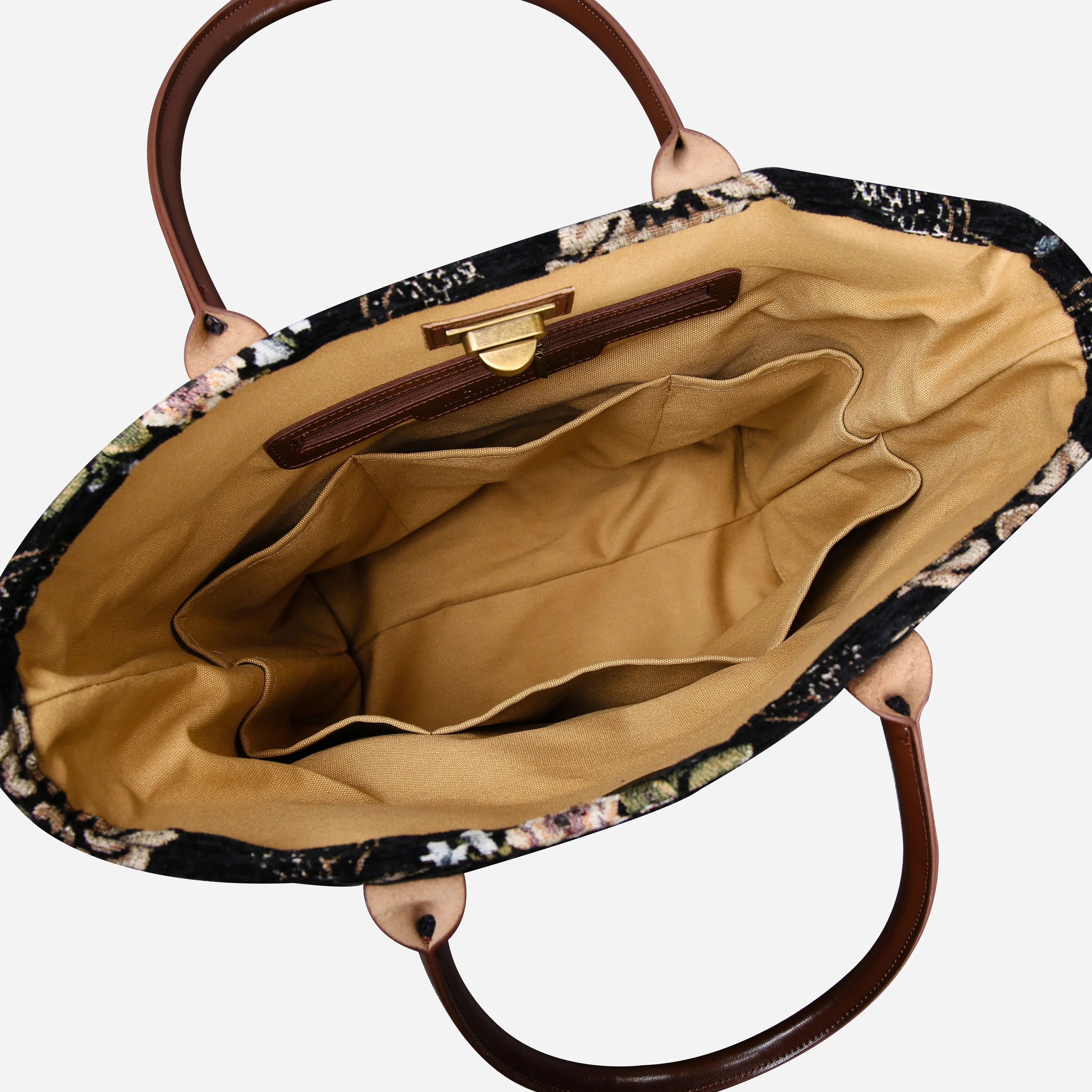 Floral Black Leather Brown Carpet Tote Shopper - Image 6