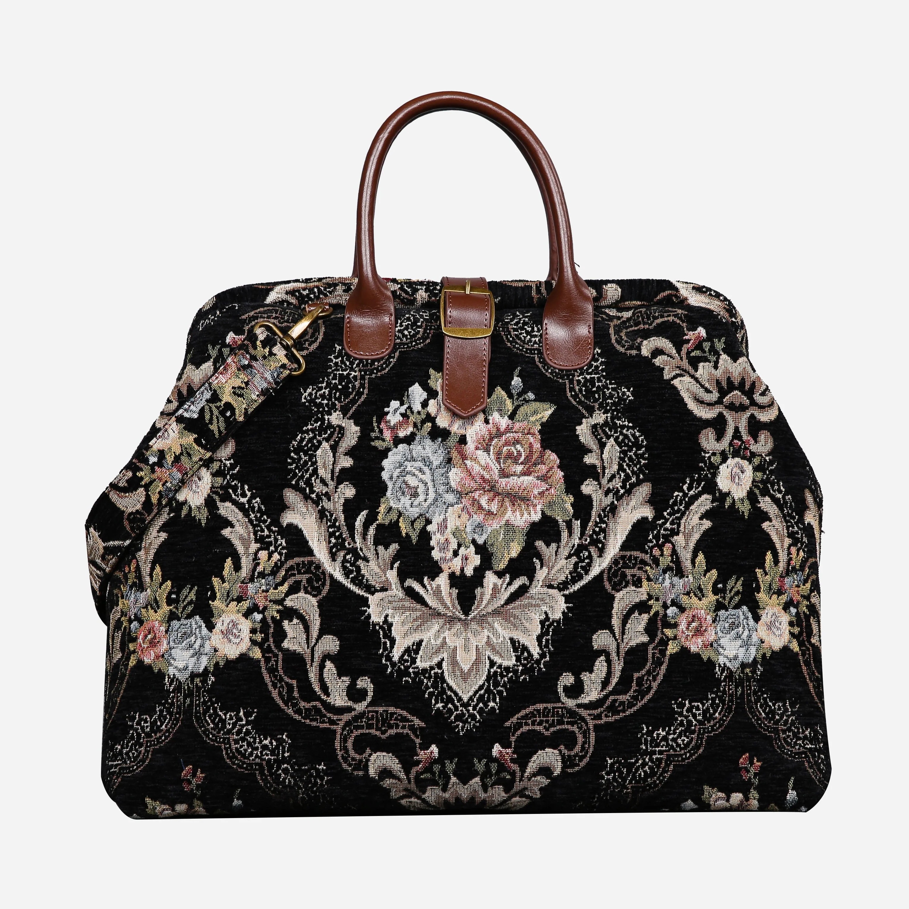 Floral Black Leather Brown Mary Poppins Weekender