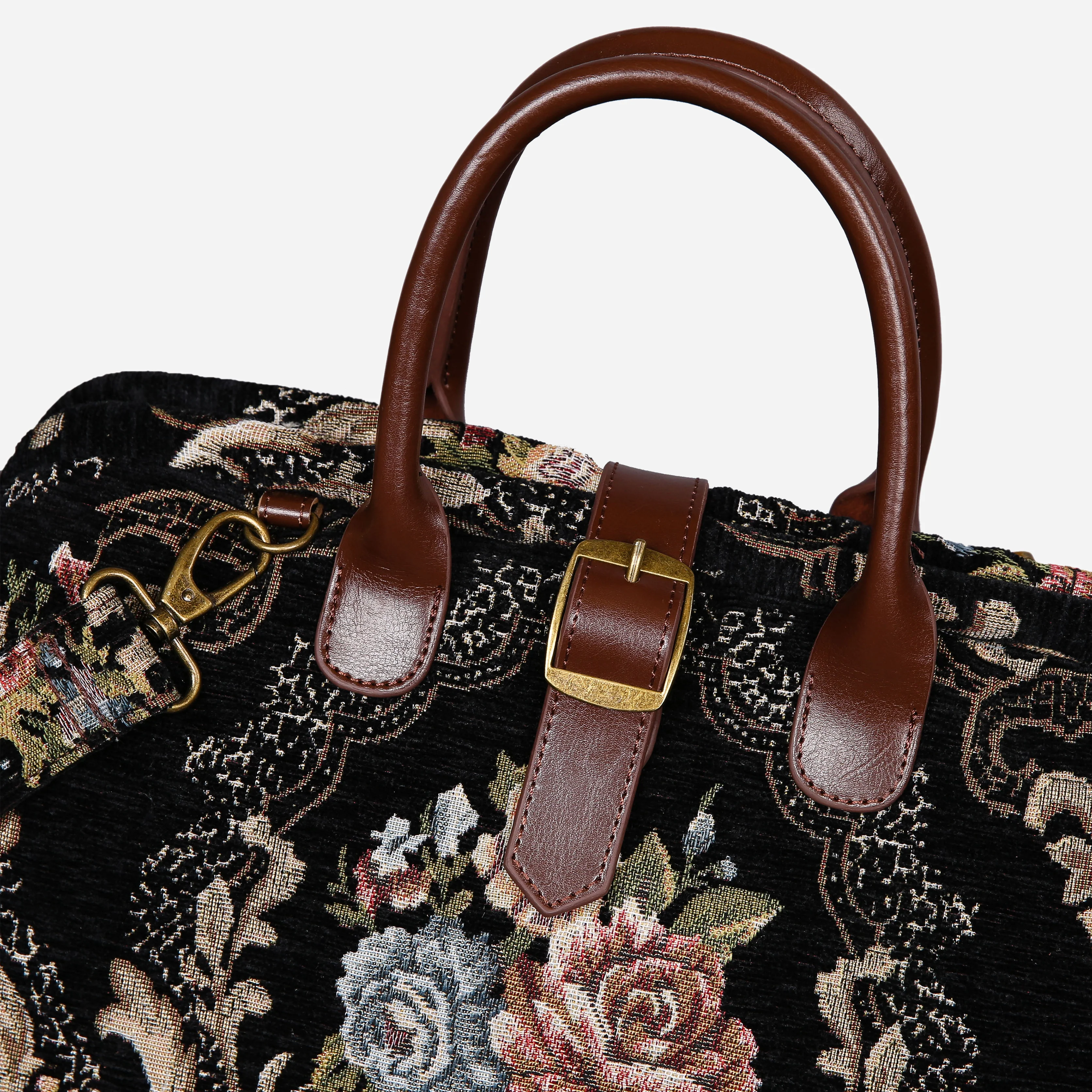Floral Black Leather Brown Mary Poppins Weekender - Image 3
