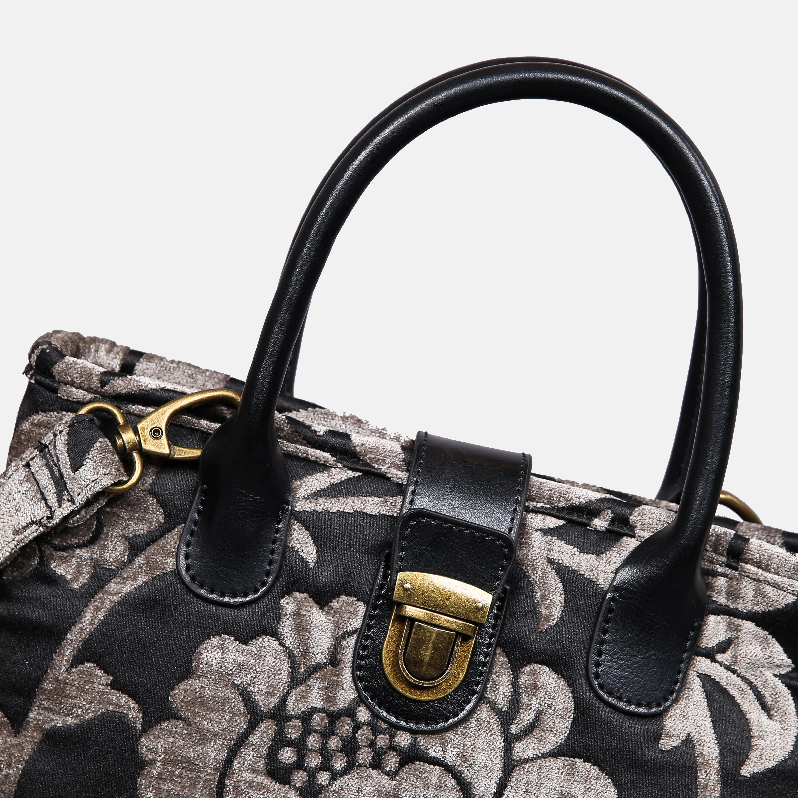 Floral Brocade Grey Tuck Lock Carpet Satchel - Image 4