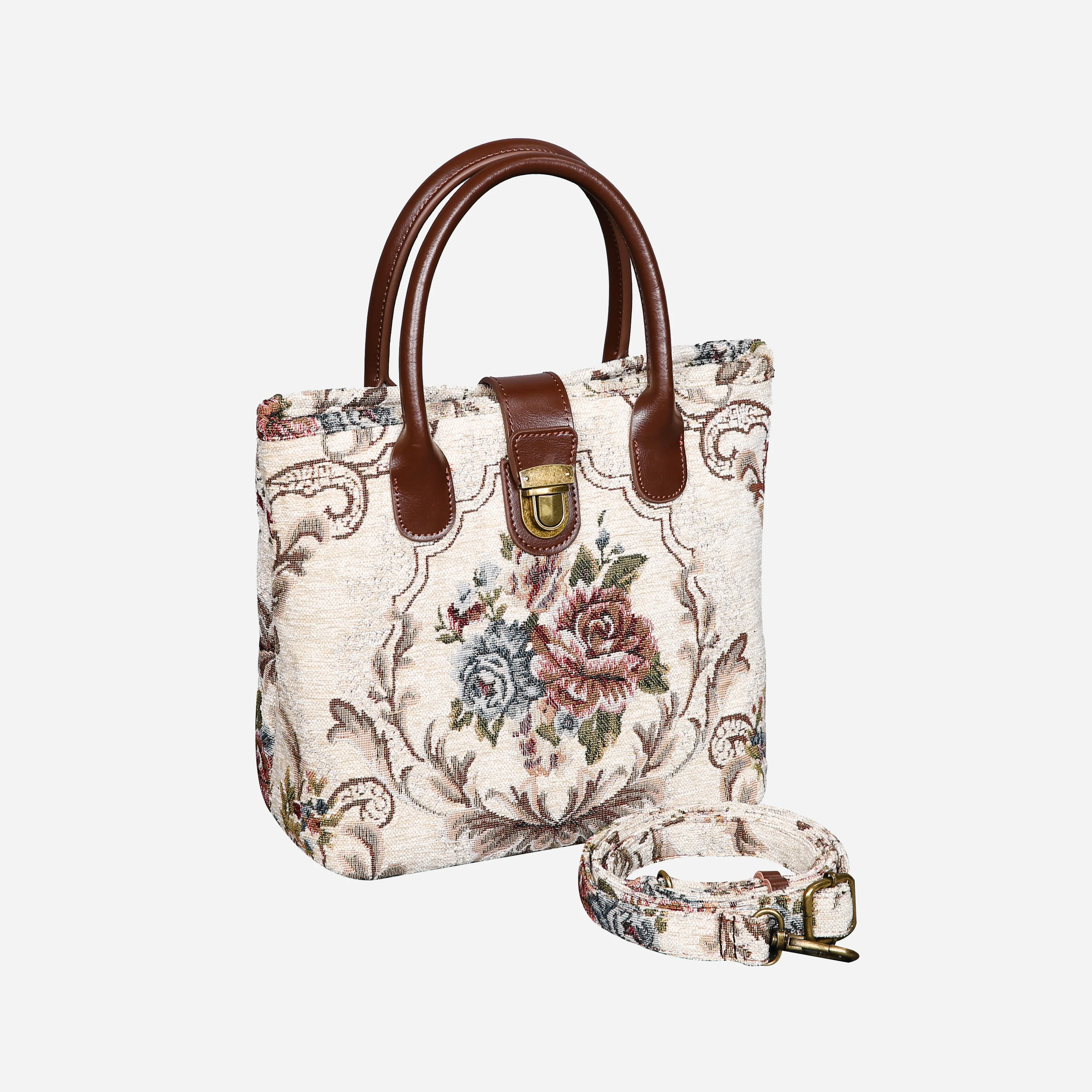 Floral Cream Tuck Lock Carpet Satchel - Image 3