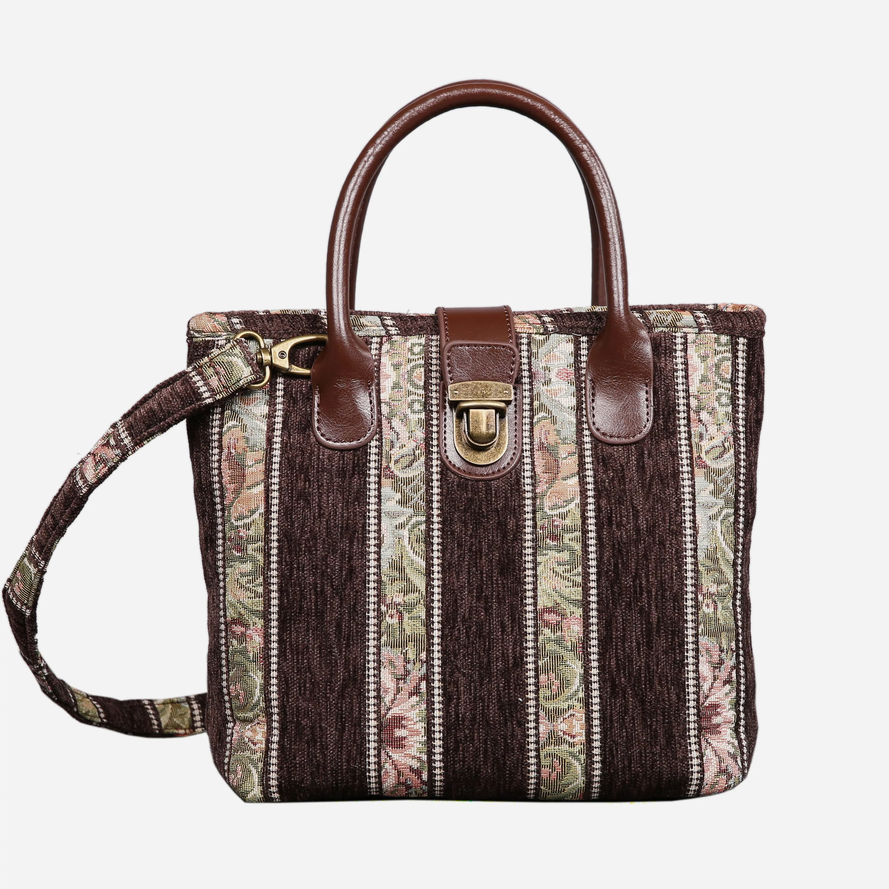 Floral Stripes Brown Tuck Lock Carpet Satchel