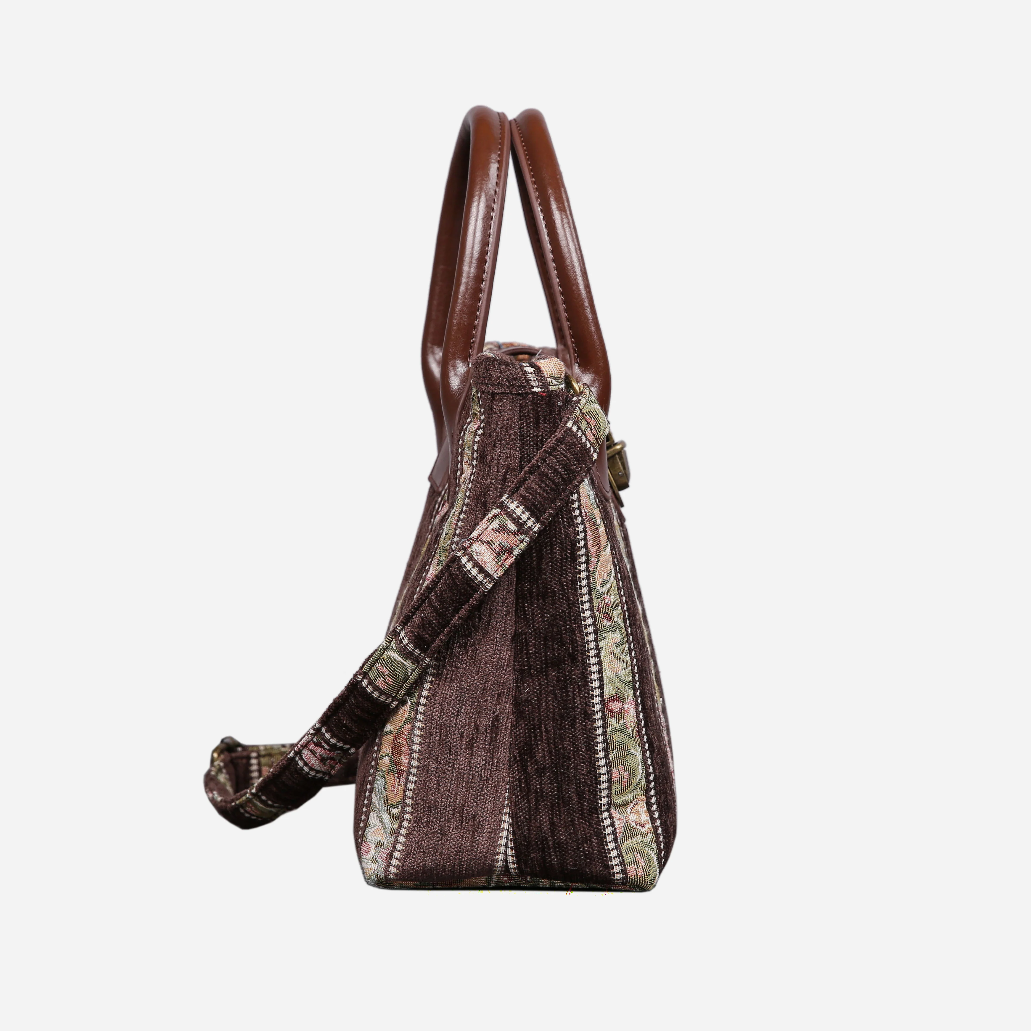 Floral Stripes Brown Tuck Lock Carpet Satchel - Image 3