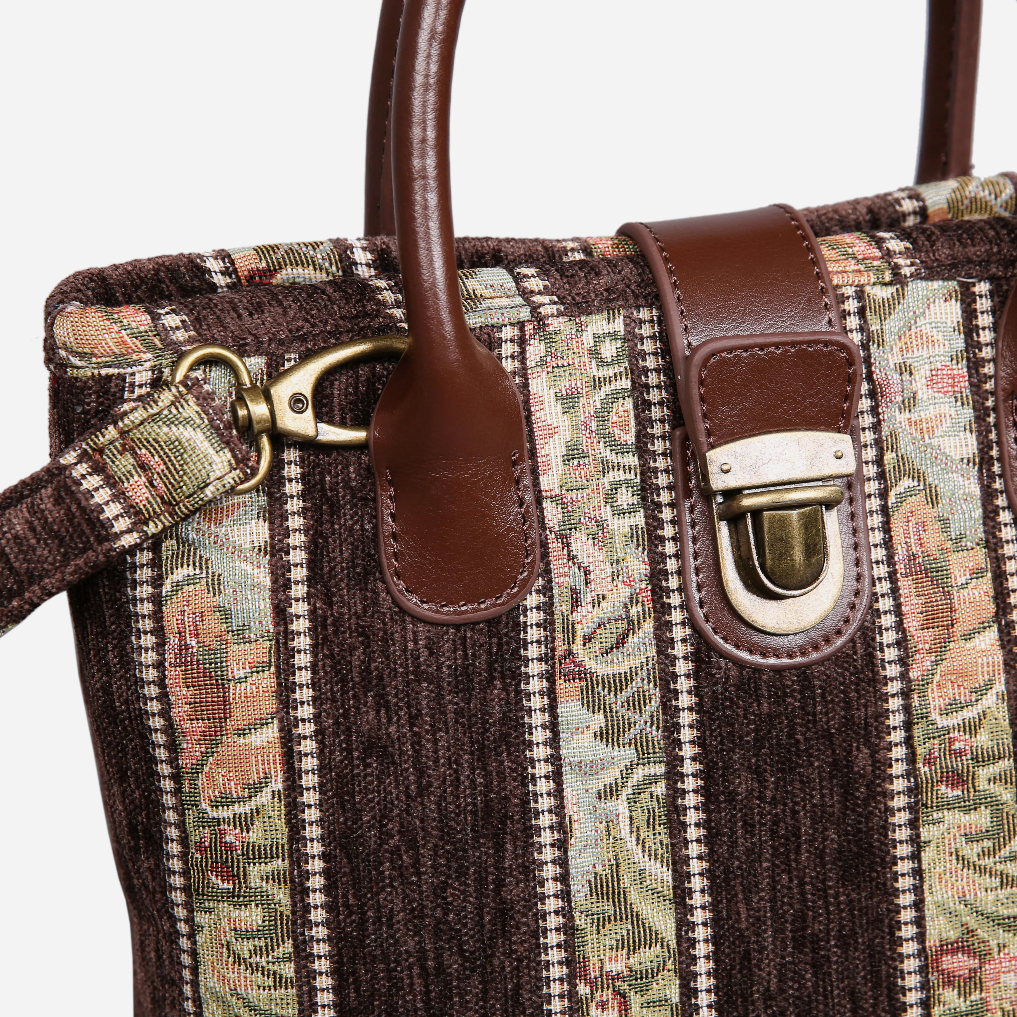 Floral Stripes Brown Tuck Lock Carpet Satchel - Image 4
