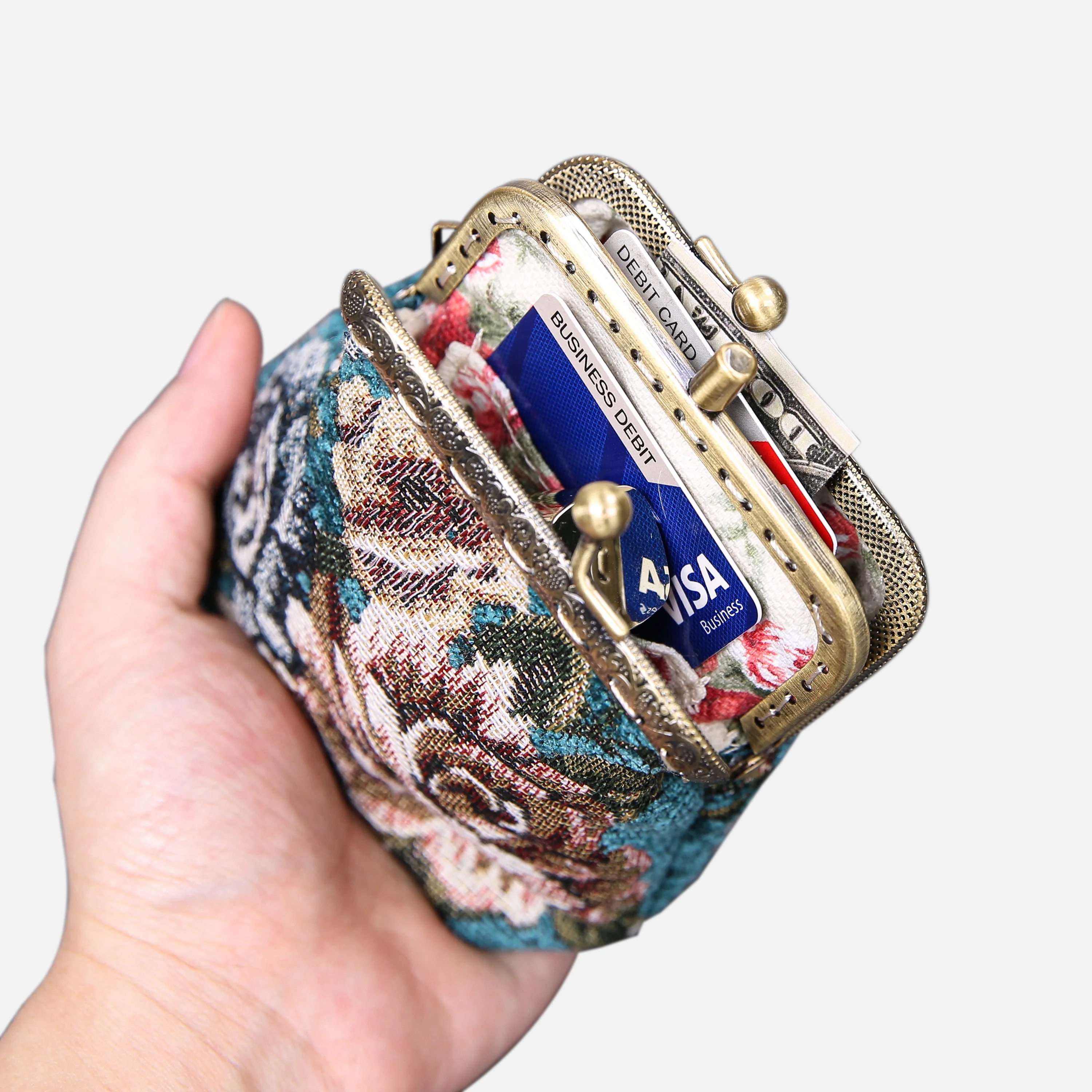 Floral Teal Double Kiss Clasp Coin Purse - Image 2