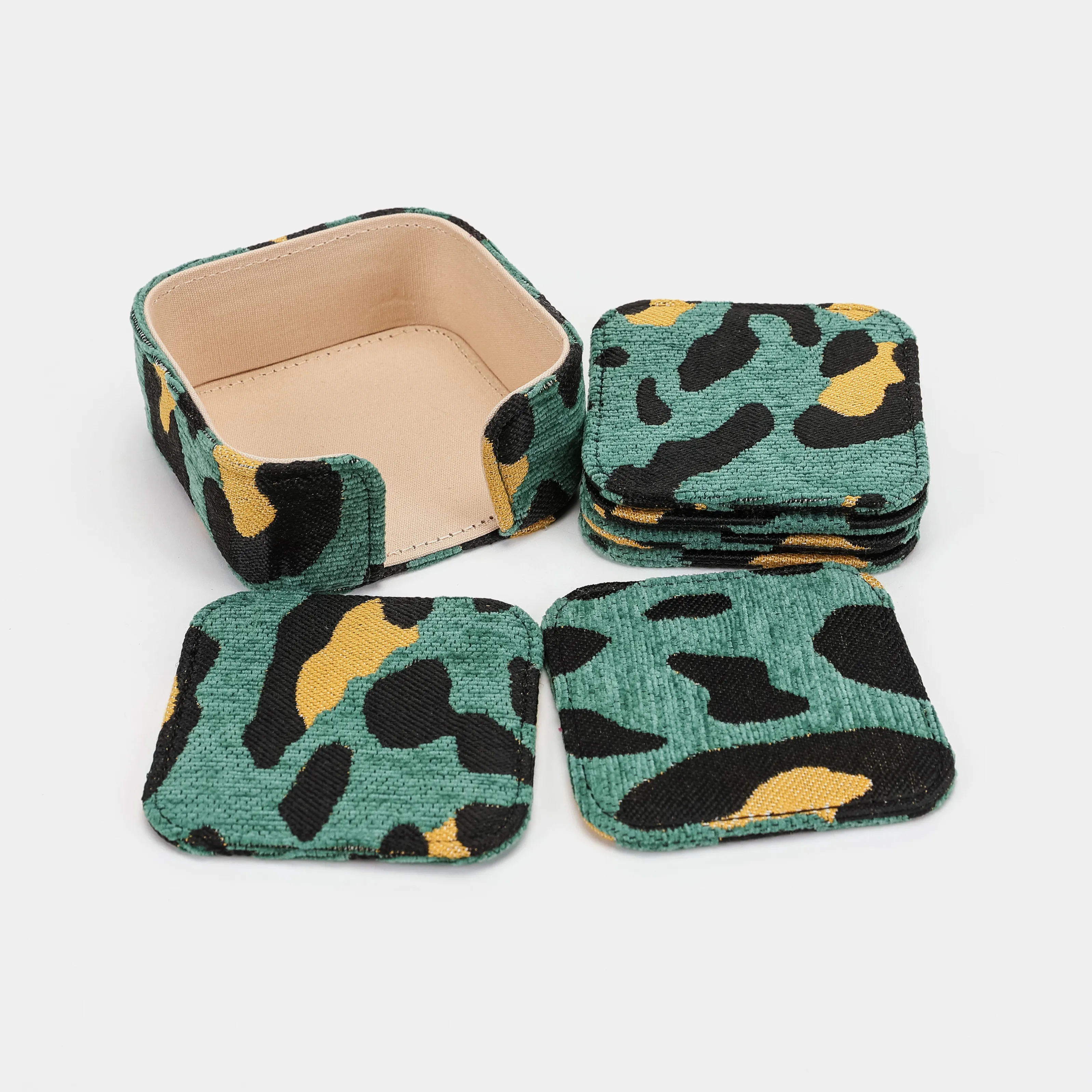 Leopard Green Square Coaster Set with Holder