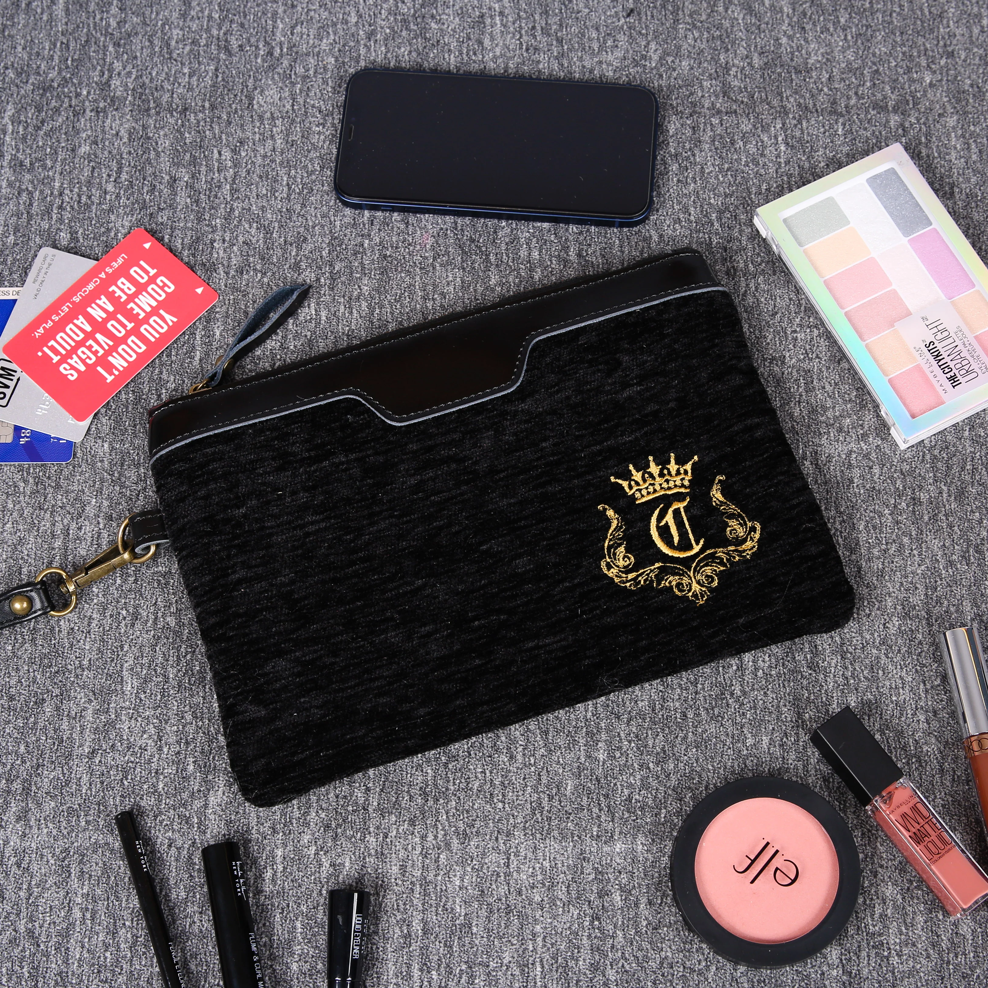 Luxury Monogrammed Black Wristlet Clutch (Logo)