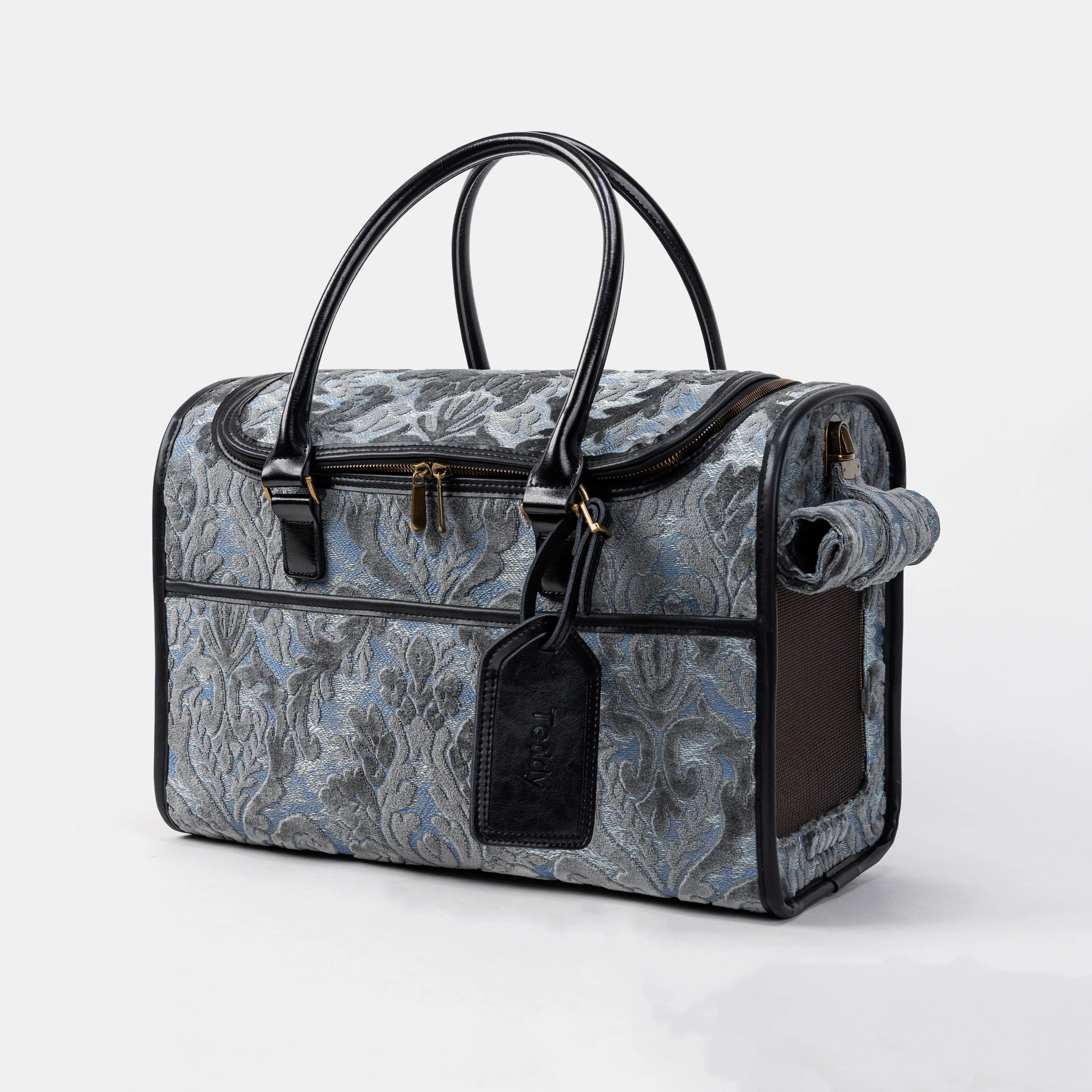 Travel Dog Carrier Bag Burnout Velvet Steel Blue