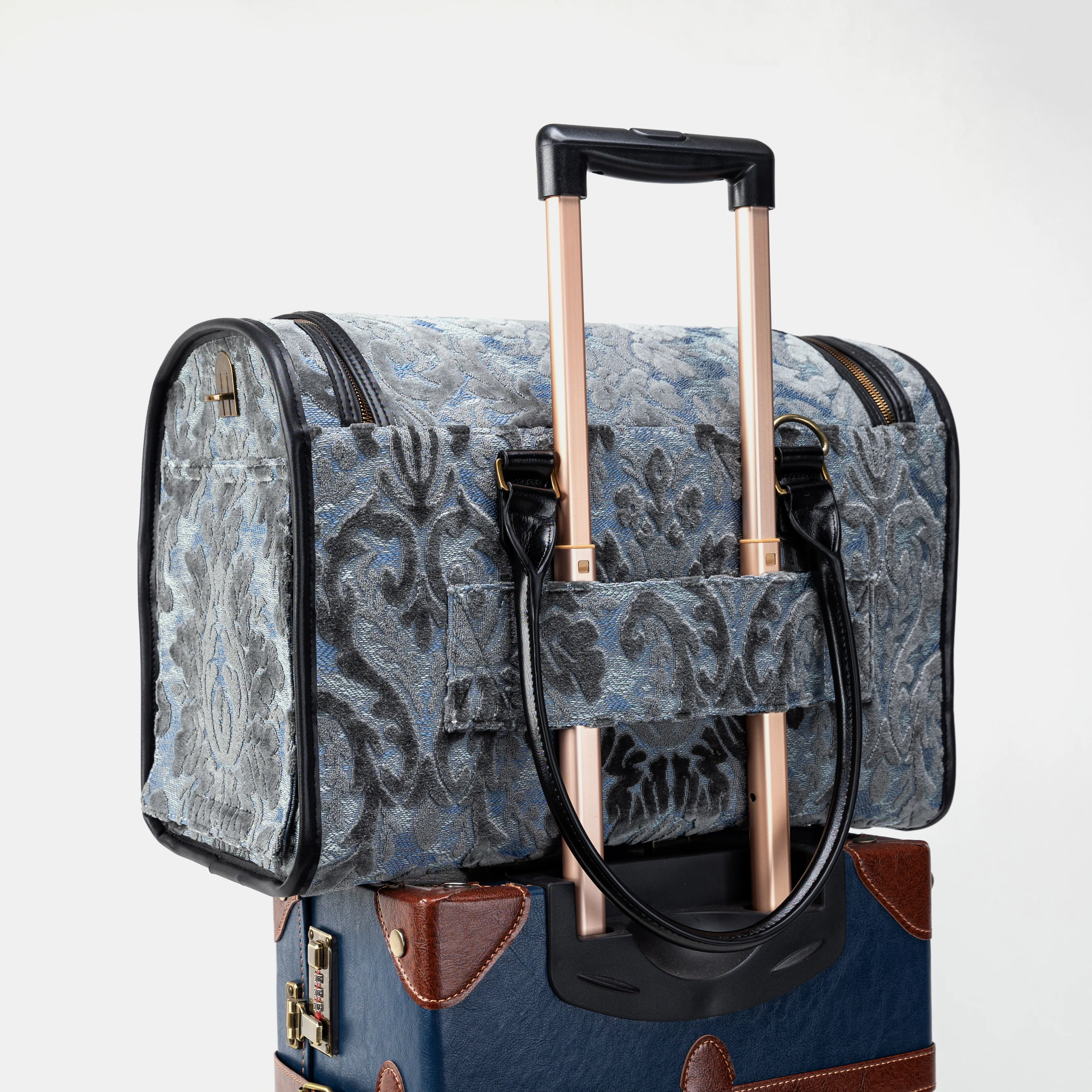 Travel Dog Carrier Bag Burnout Velvet Steel Blue - Image 10