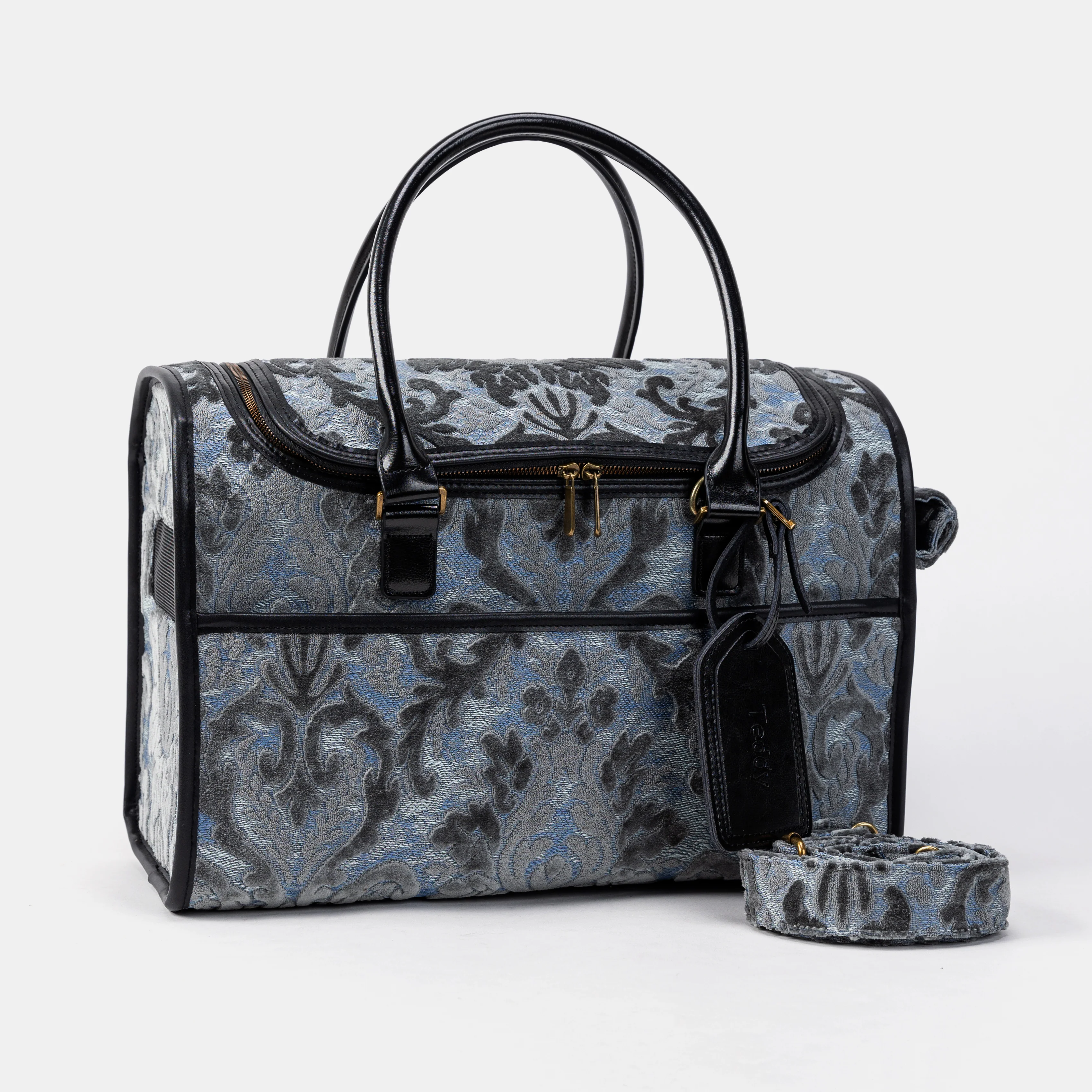 Travel Dog Carrier Bag Burnout Velvet Steel Blue - Image 2