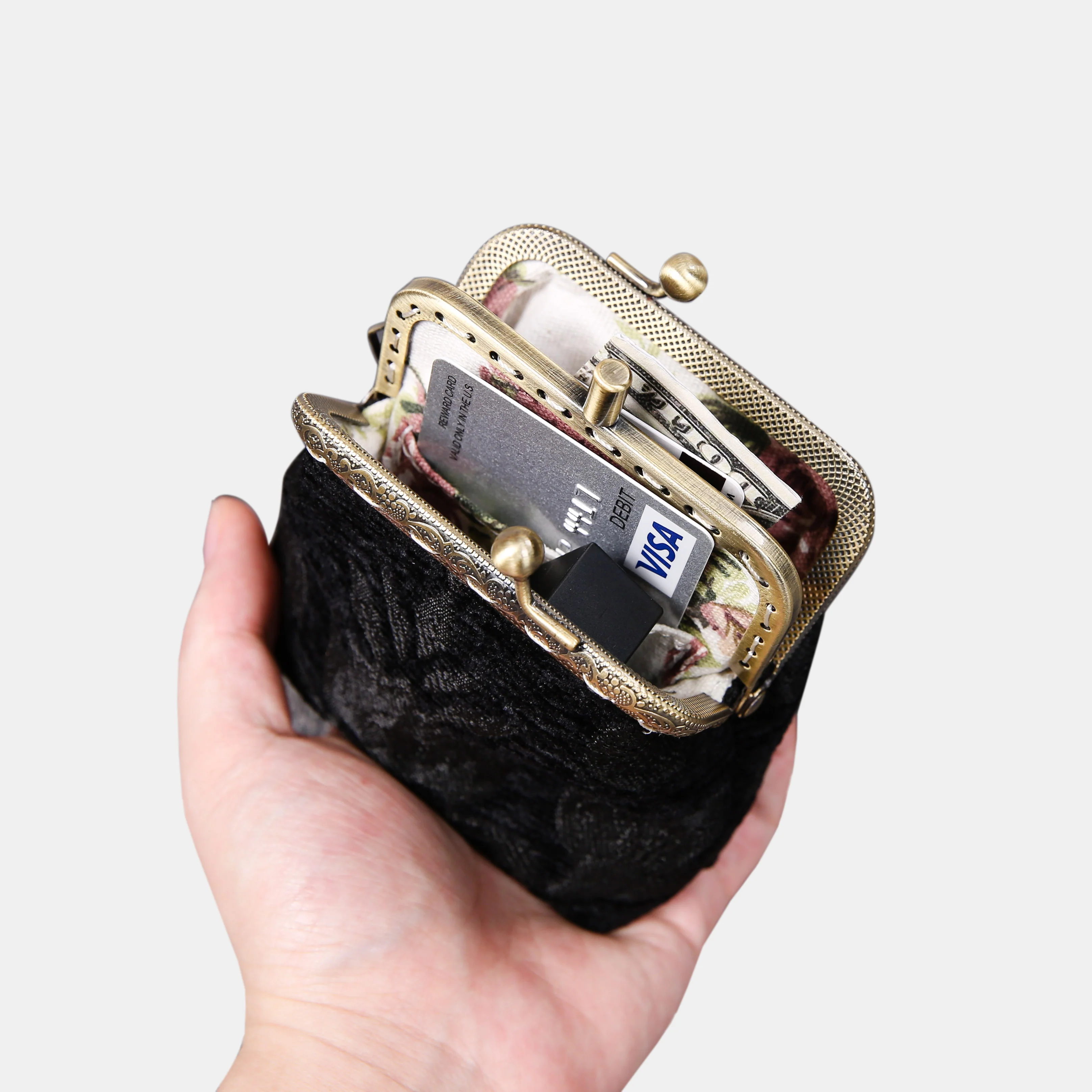 Victorian Blossom Black/Black Double Kiss Clasp Coin Purse - Image 6