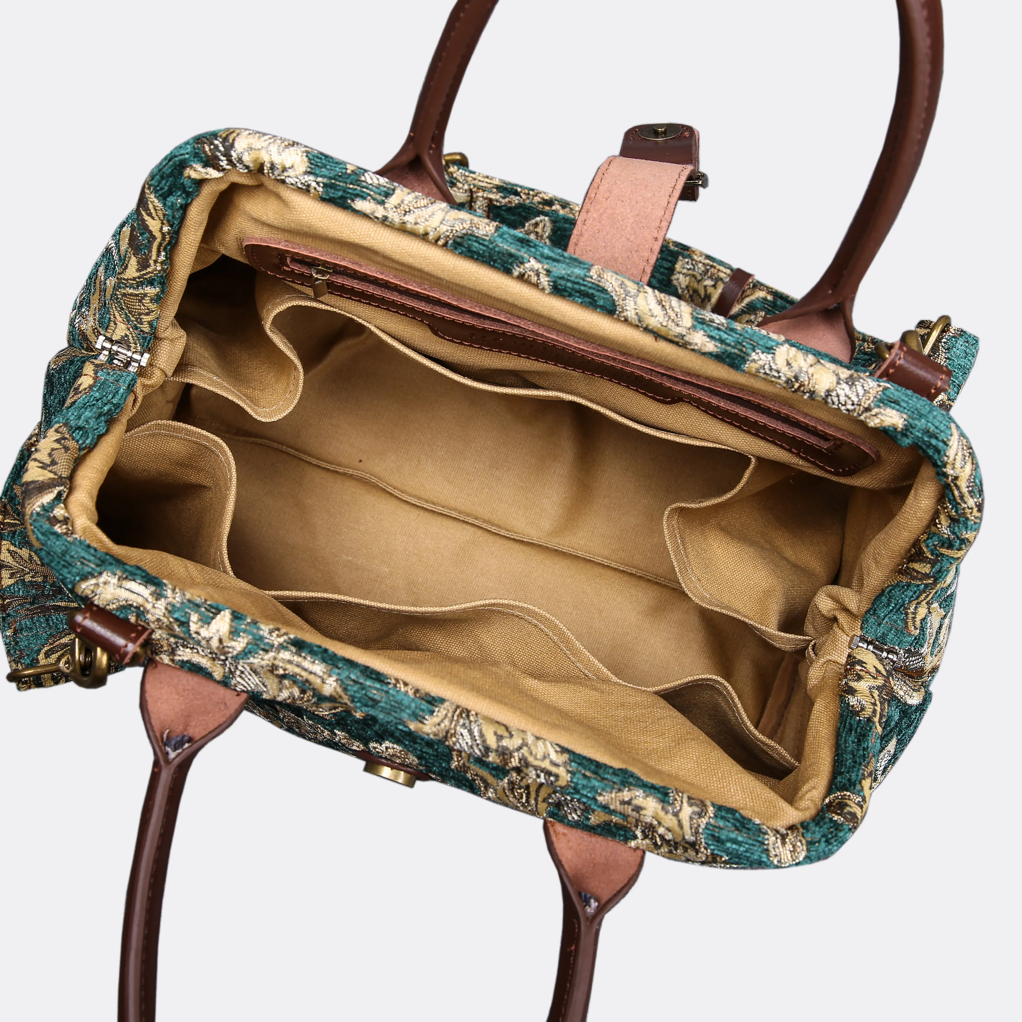 Victorian Blossom Green/Gold Carpet Handbag Purse - Image 6