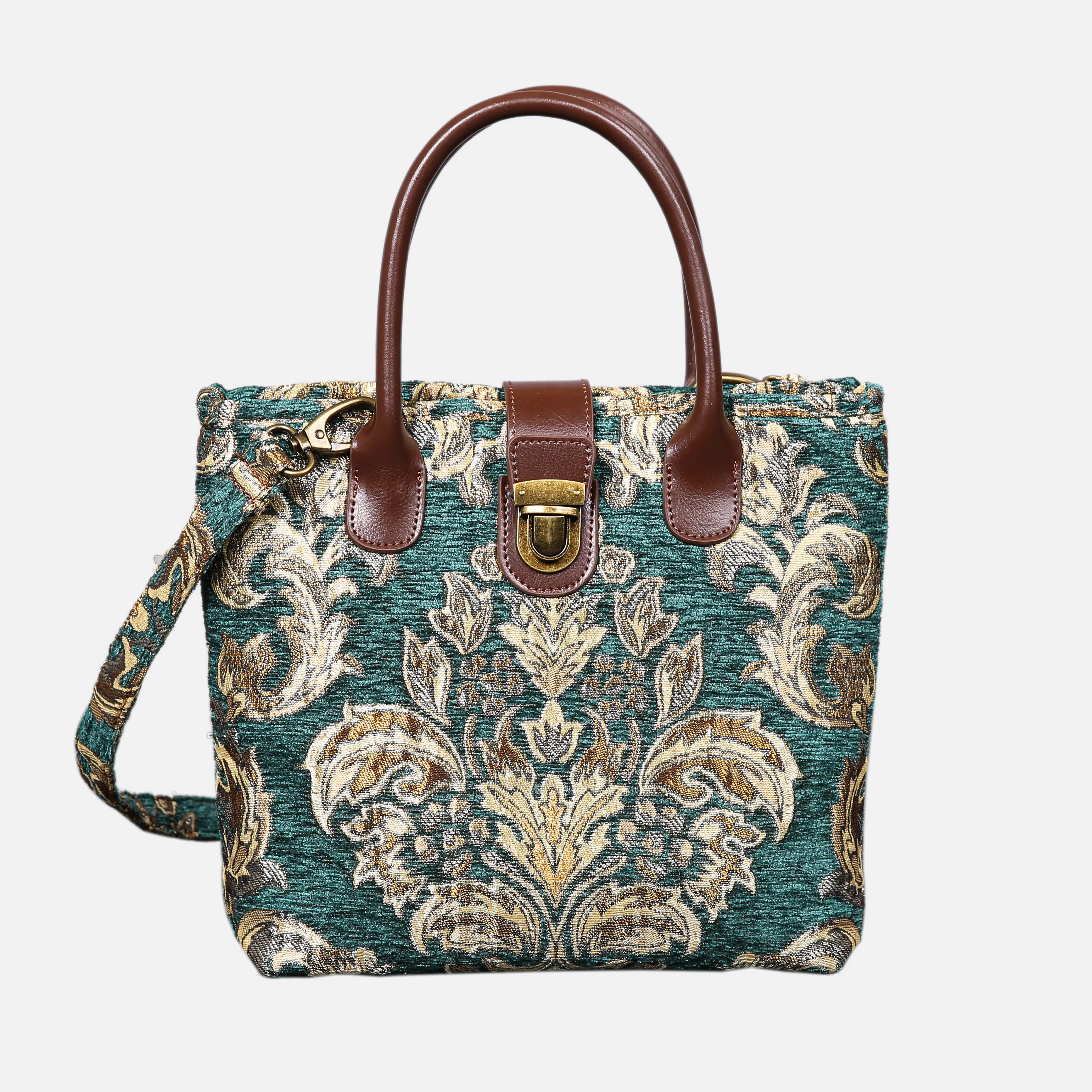 Victorian Blossom Green/Gold Tuck Lock Carpet Satchel