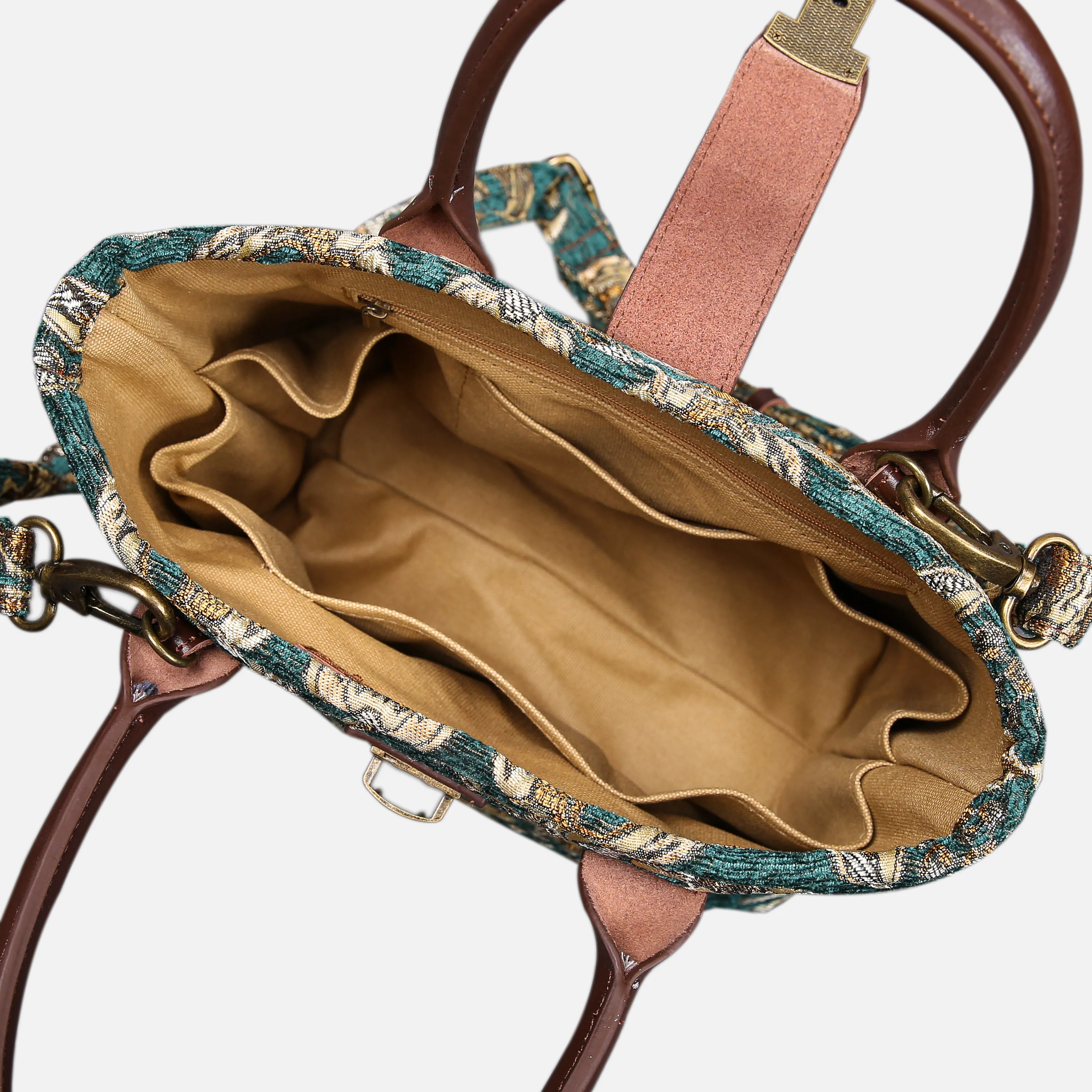 Victorian Blossom Green/Gold Tuck Lock Carpet Satchel - Image 6