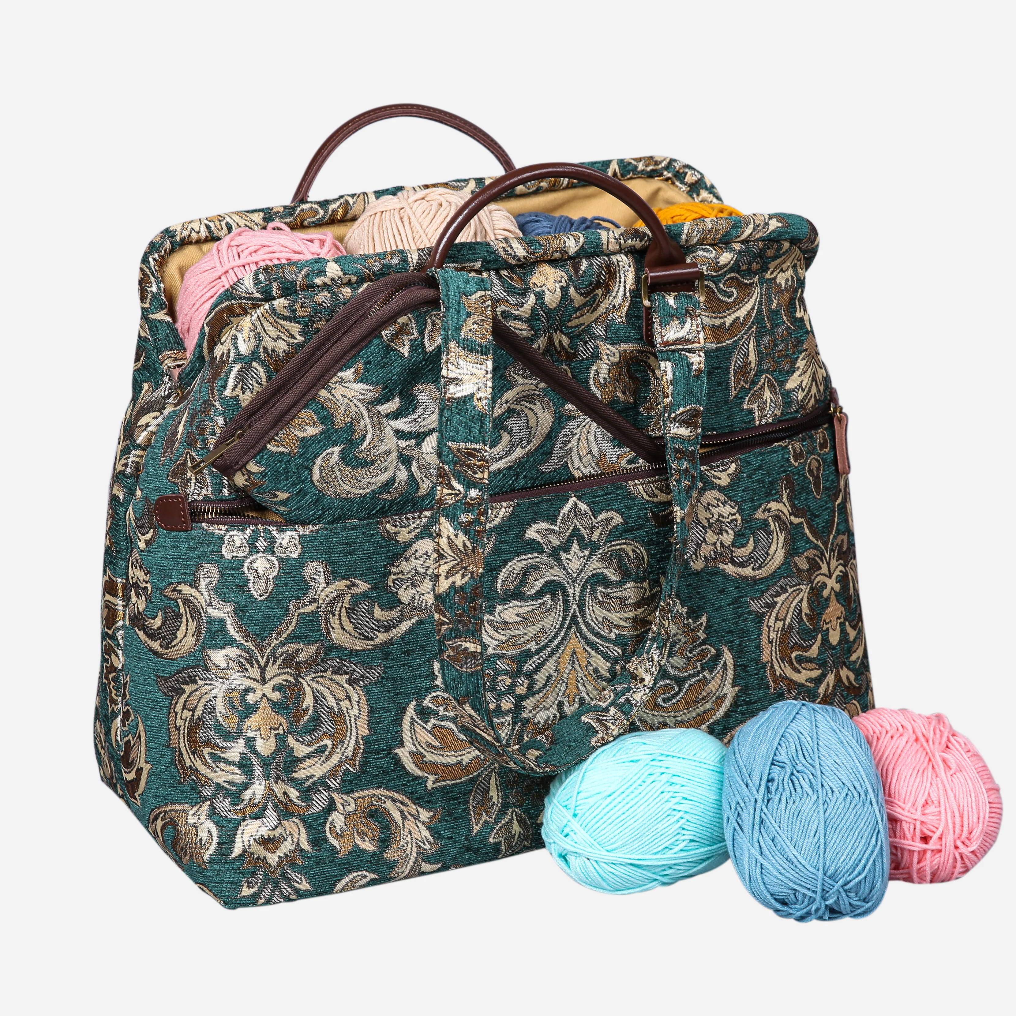 Victorian Blossom Green/Gold Knitting Project Bag - Image 3