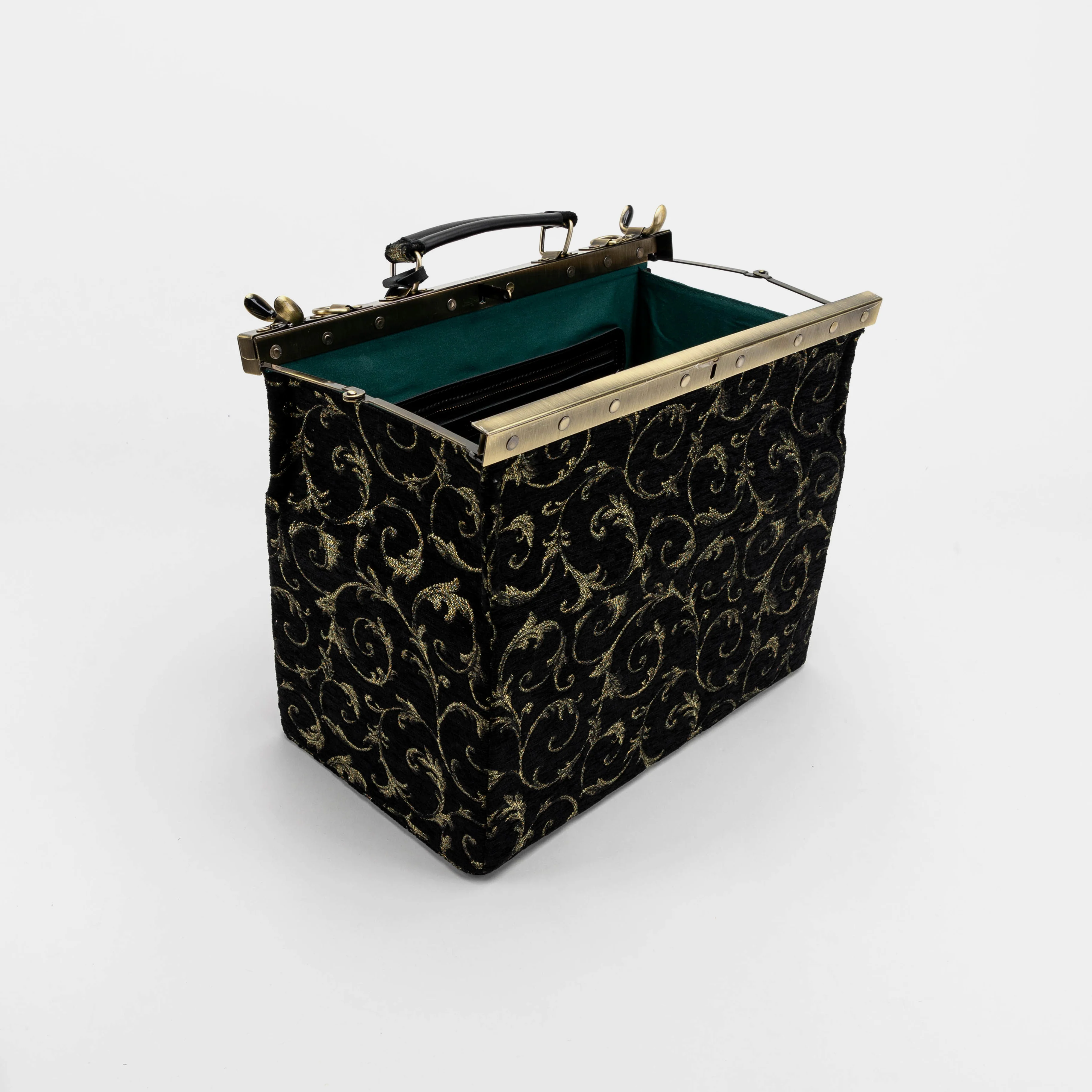Vintage Scroll Black/Green Genevieve Carpet Gladstone Bag - Image 10